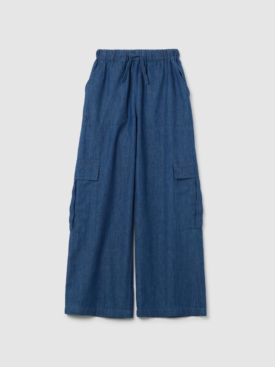 Girls' wide blue cargo trousers in pure cotton_0