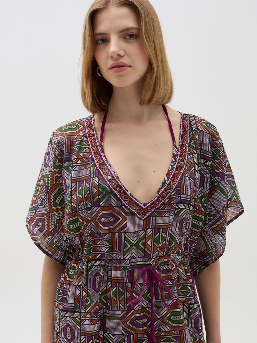 Beach cover-up poncho with beads and print_0