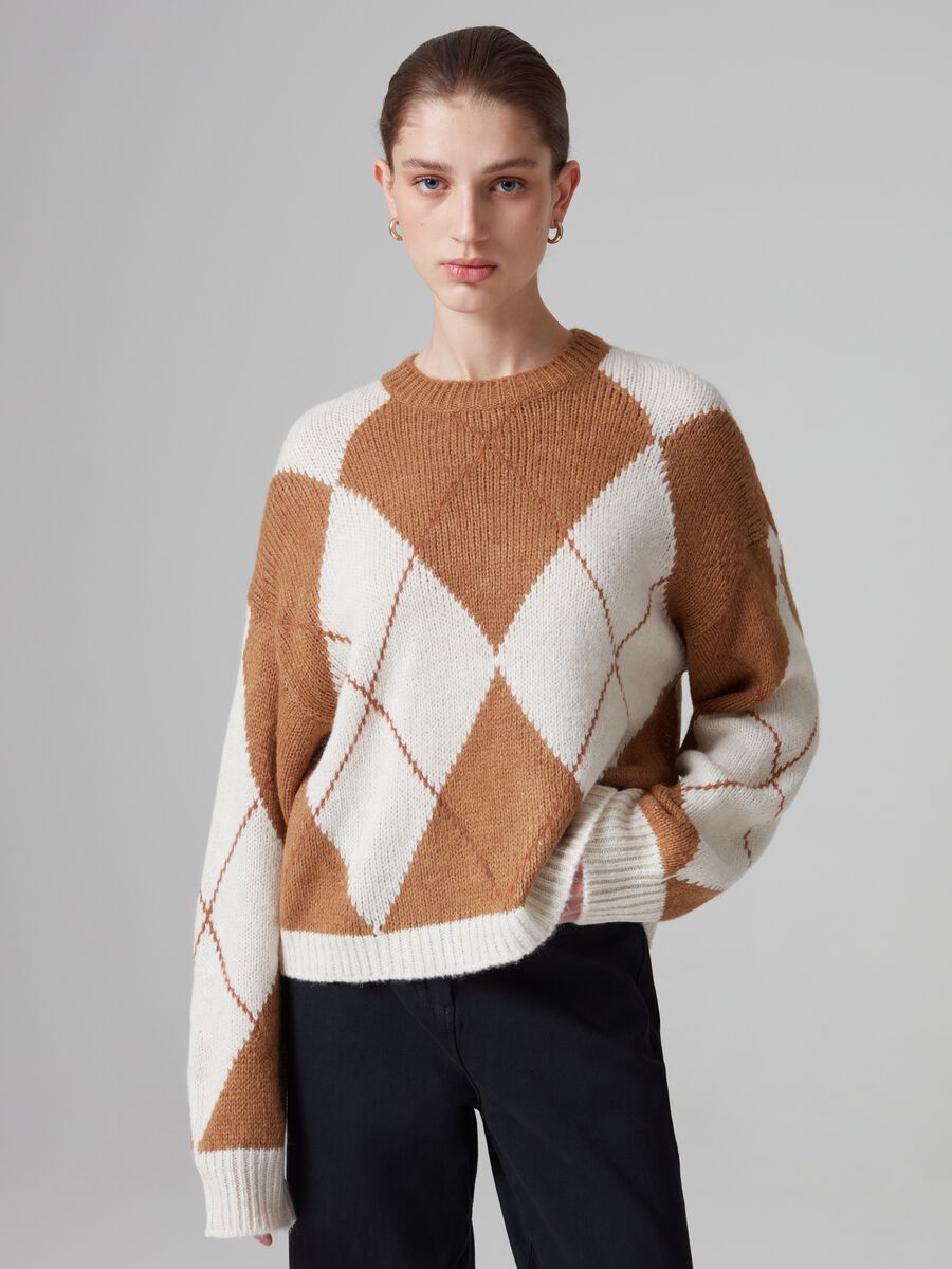 Pullover oversize con fantasia a rombi_0