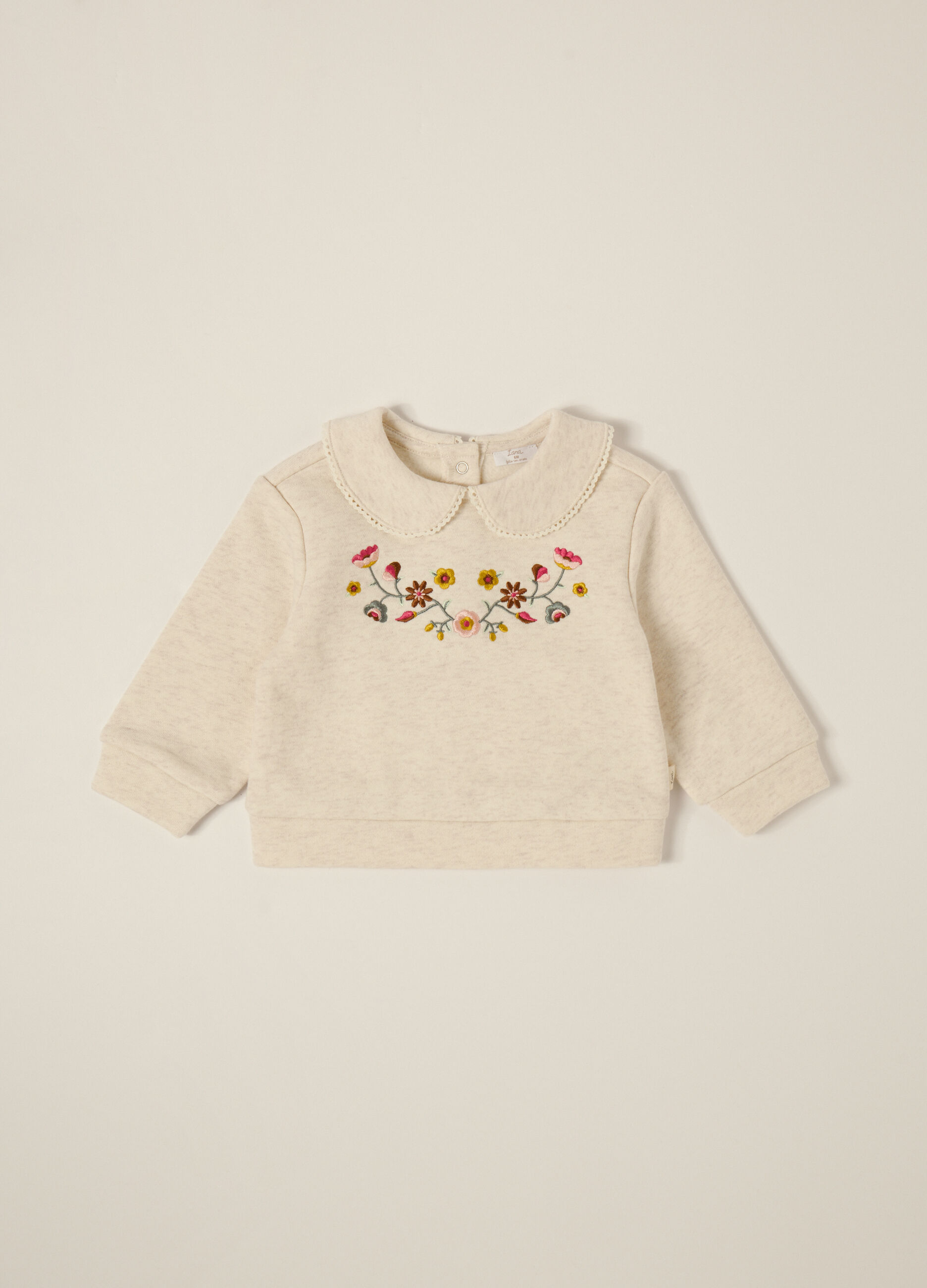 Beige sweatshirt with embroidered collar for baby girl