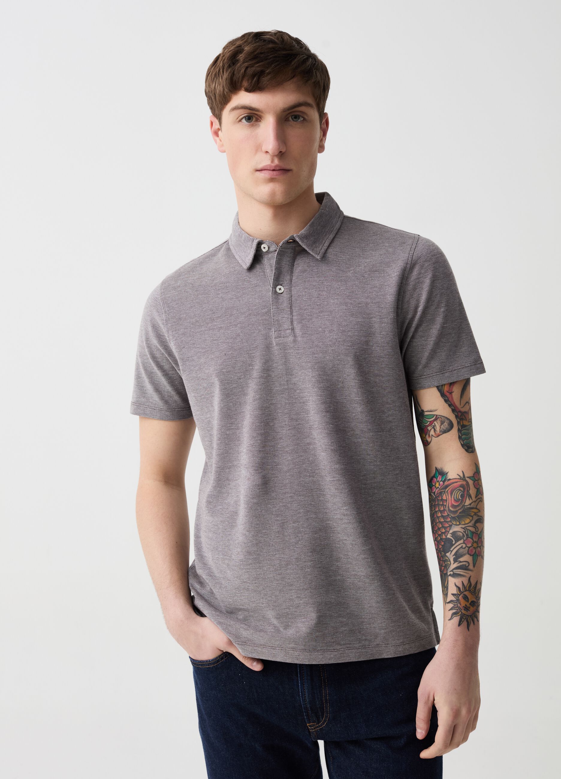 Piquet polo shirt with two-tone jacquard weave