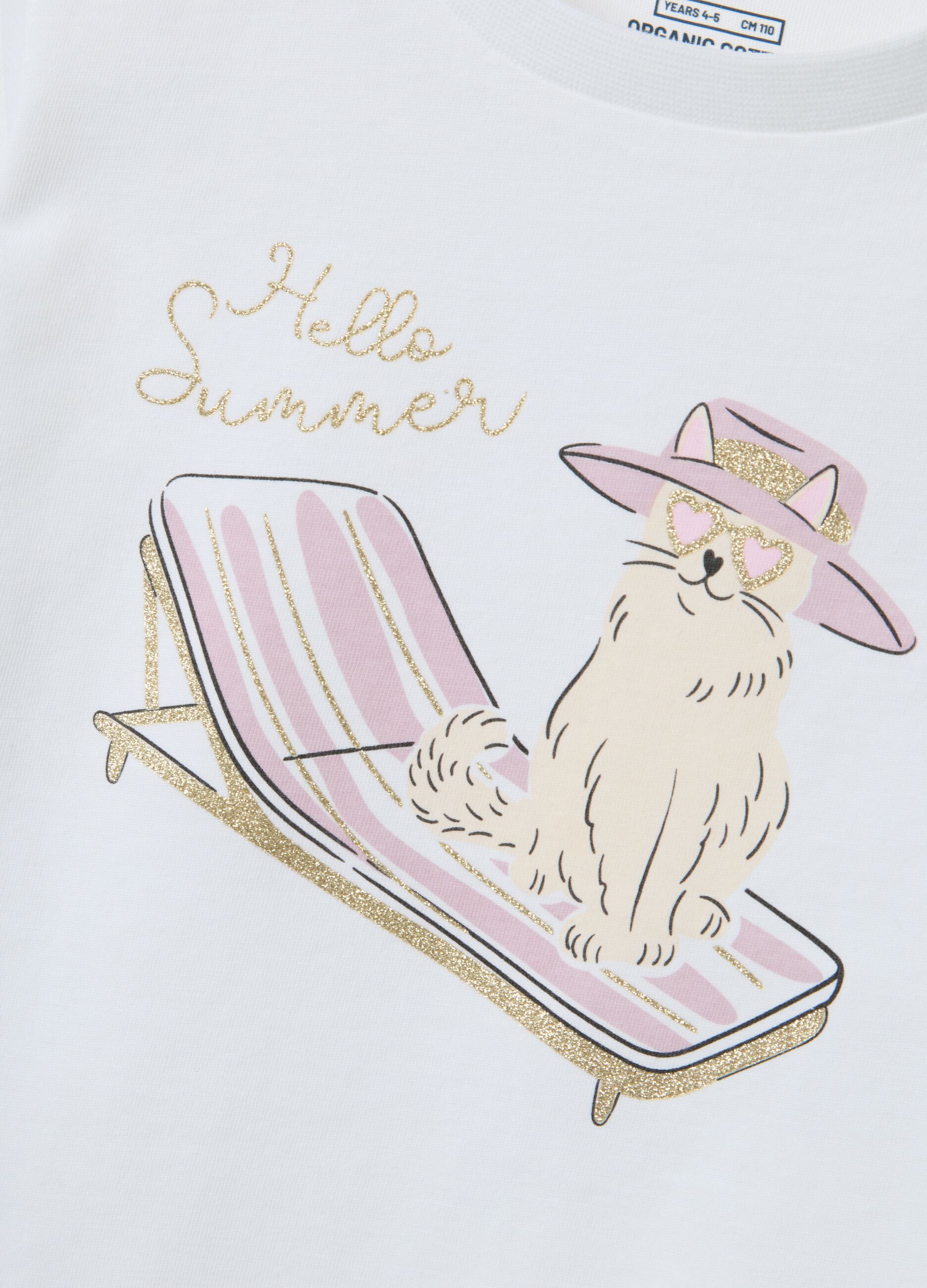 White pure organic cotton girls&rsquo; T-shirt with print and glitter