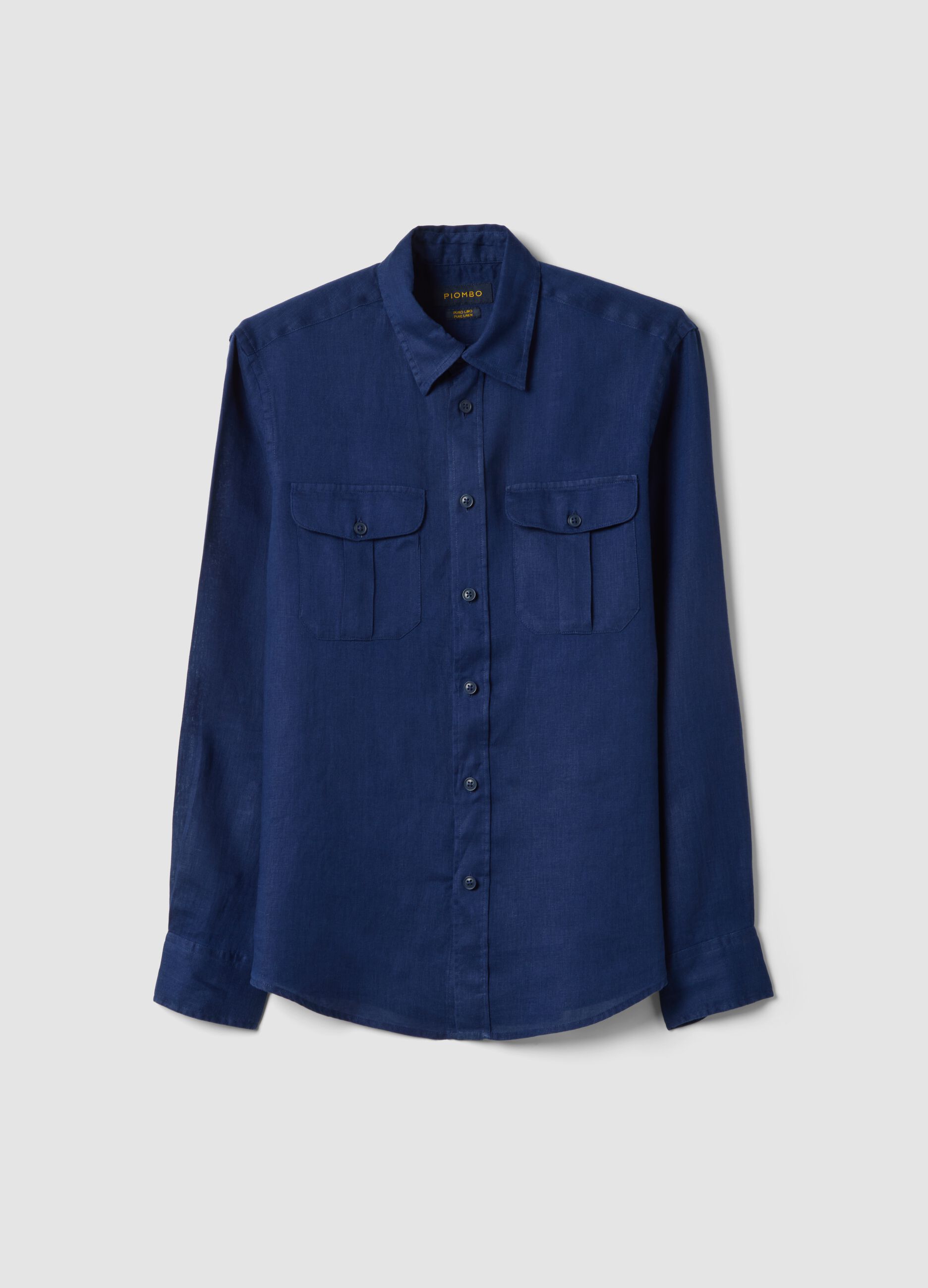 Blue regular-fit pure linen shirt with double pocket
