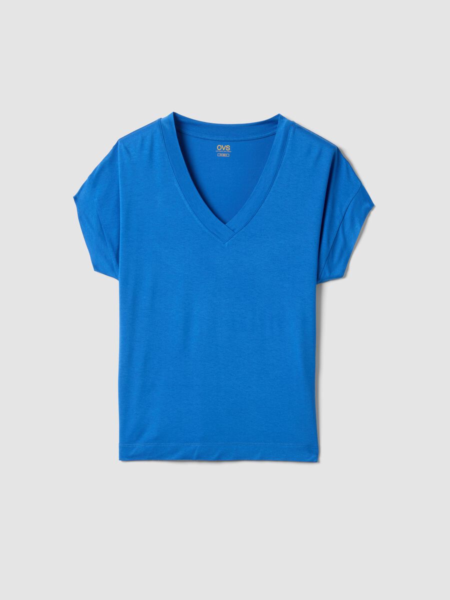 Blue stretch viscose V-neck T-shirt_0