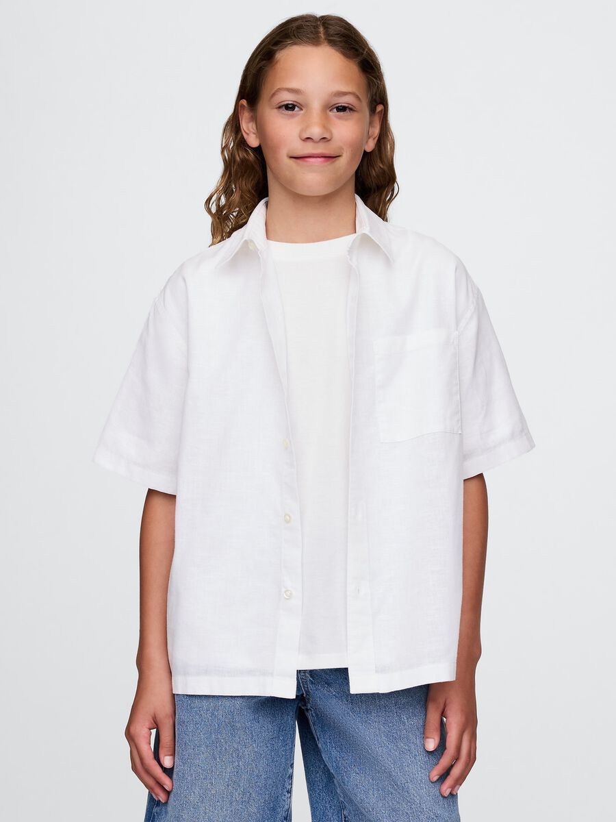 Short-sleeve white linen and cotton shirt_0