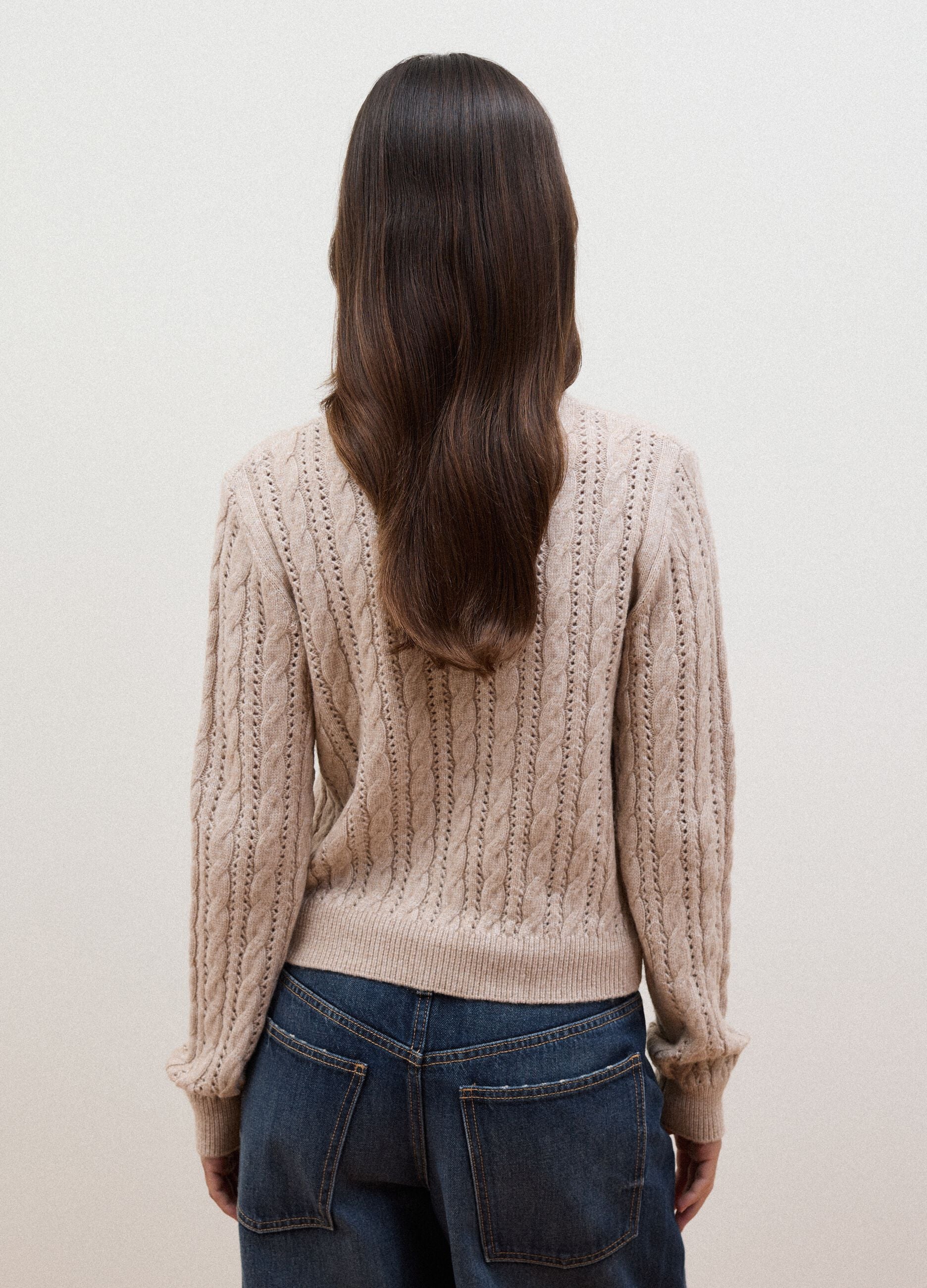 Beige cable-knit wool-blend crew-neck jumper, regular fit