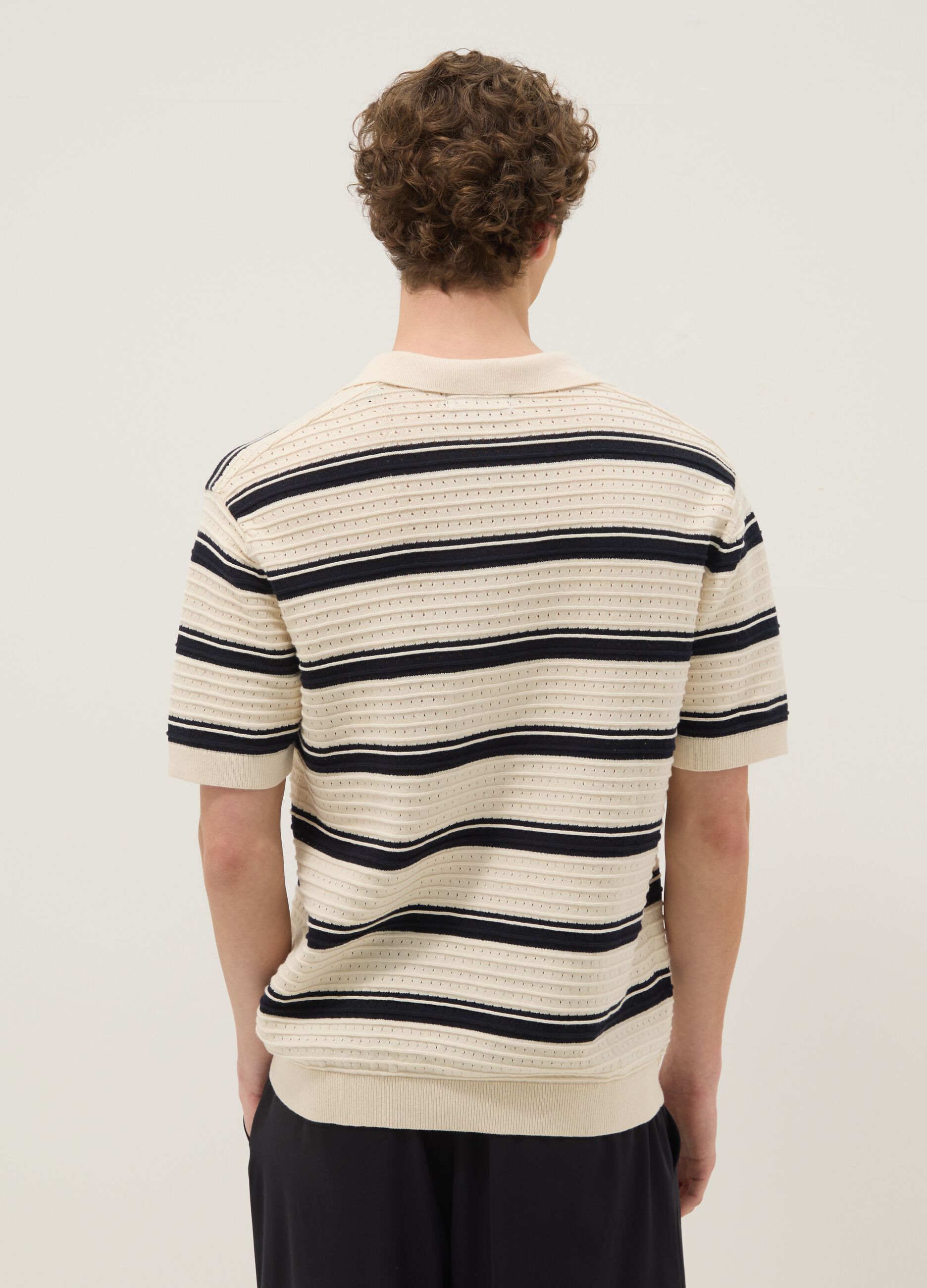 Beige striped pure cotton polo shirt with classic collar, oversized fit