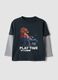 T-shirt blu notte in puro cotone con stampa_0