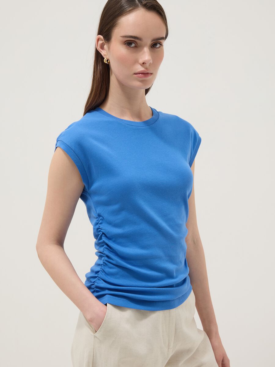 Tank top blu in puro cotone con arricciature laterali regular fit_0
