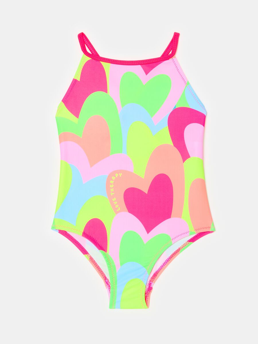One-piece swimsuit with multicoloured hearts print_0