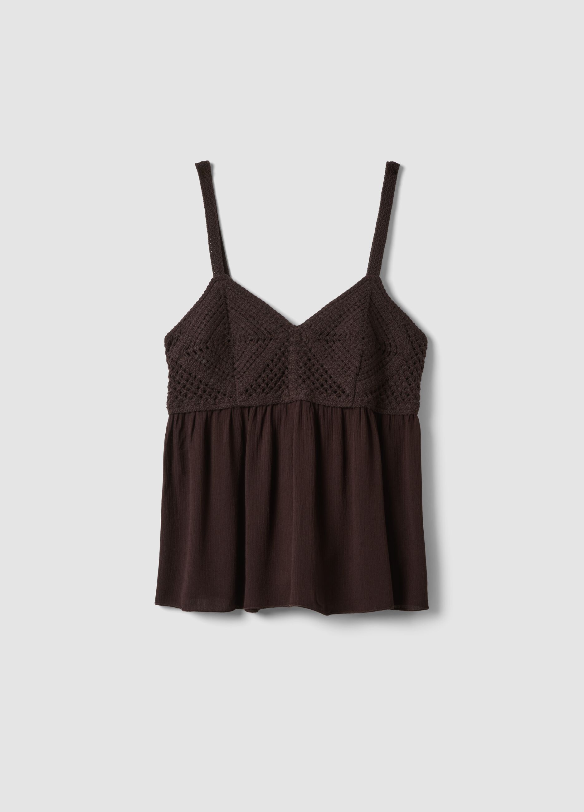 Brown pure viscose crochet tank top, regular fit