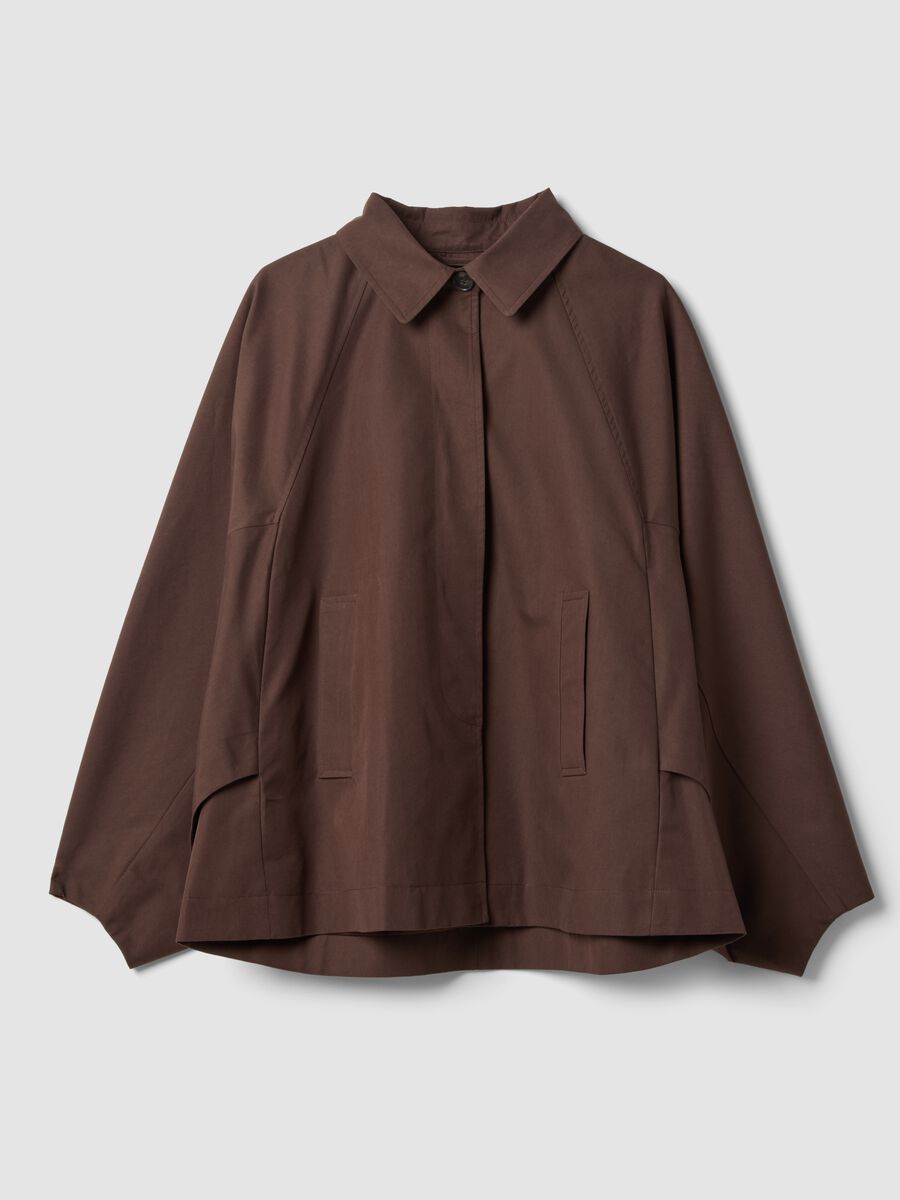 Short brown cotton-blend trench coat with shirt collar_4