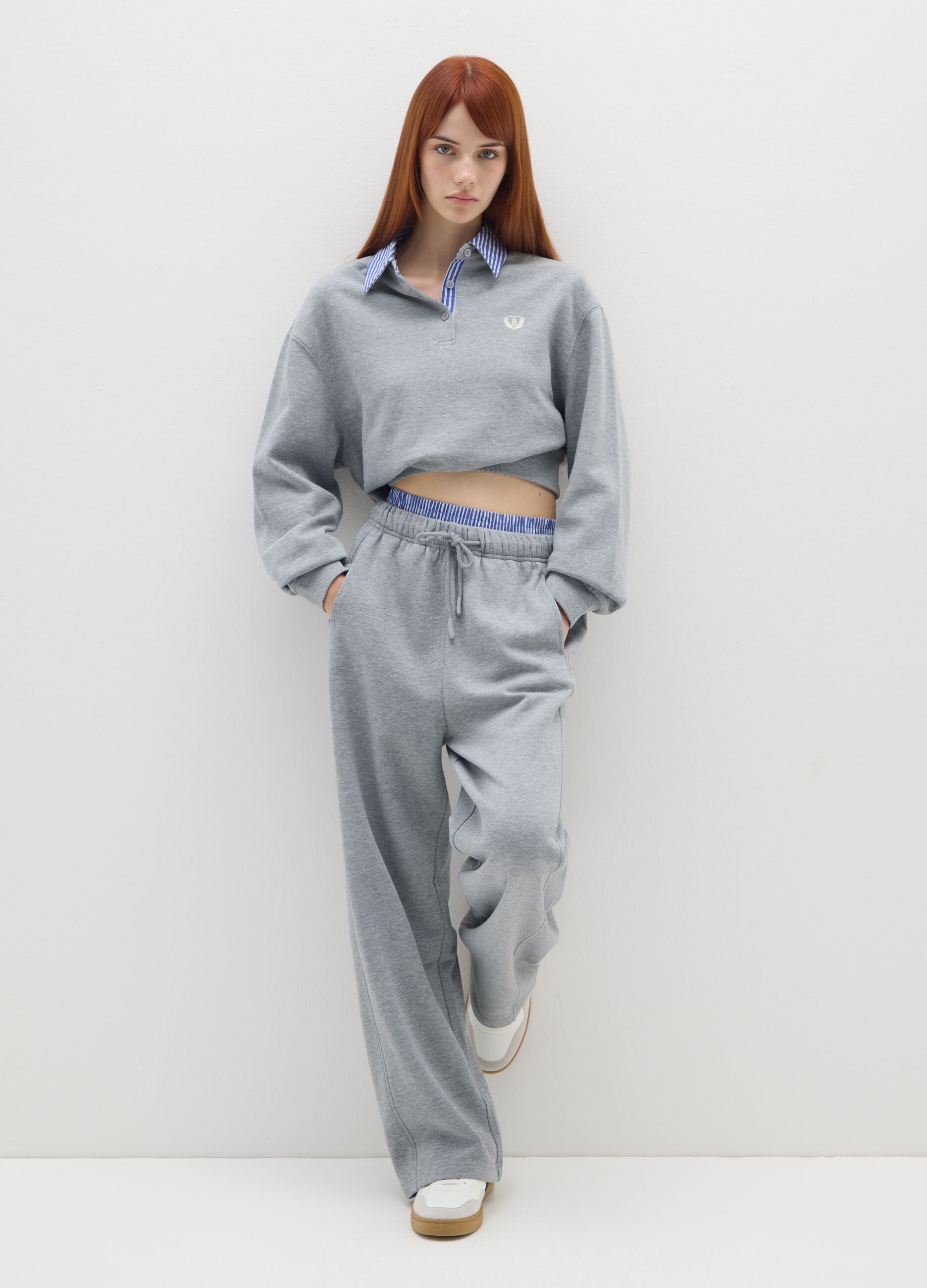Grey Cotton Mix Wide Leg Jogger