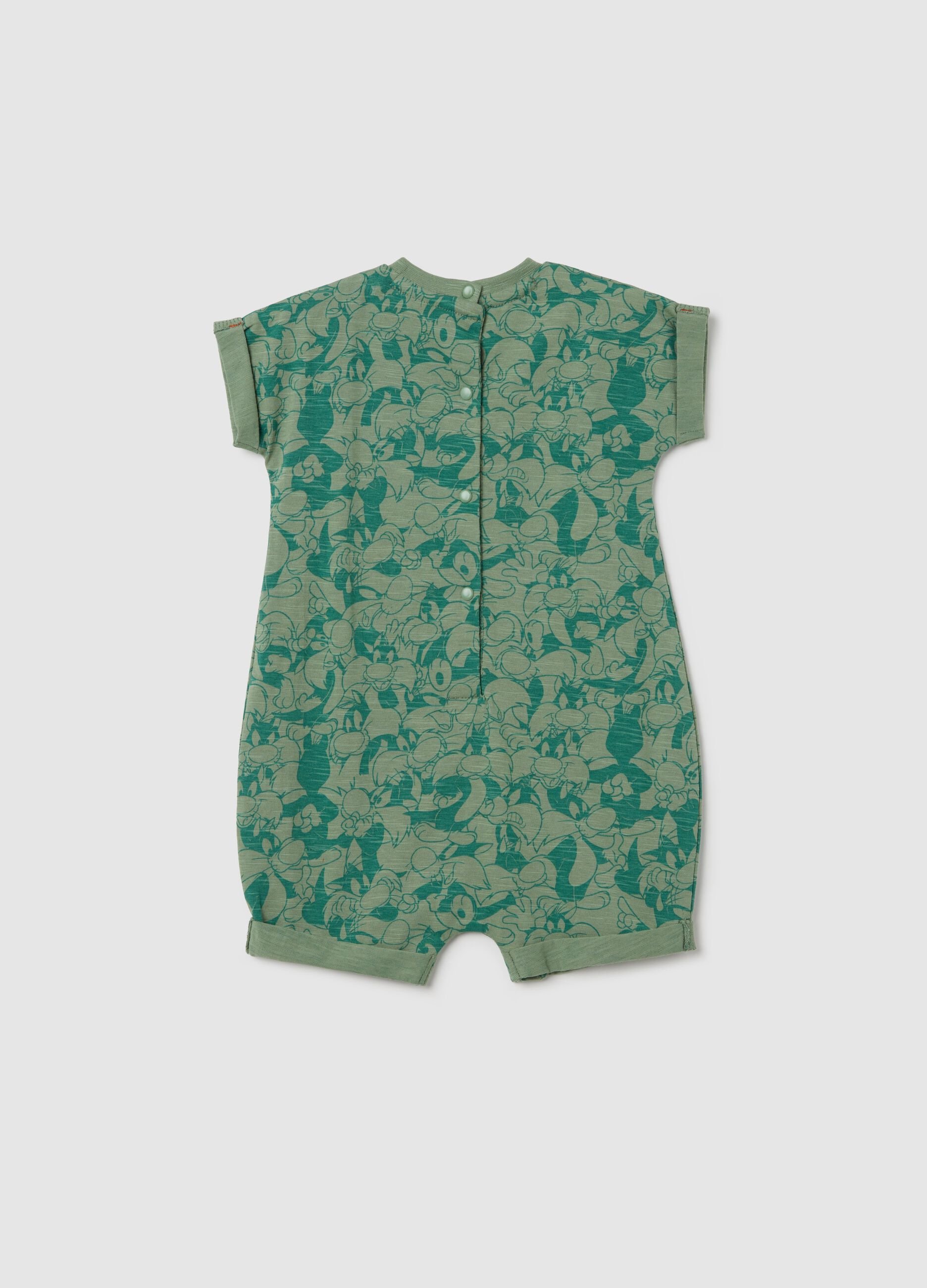 Green cotton romper suit with Sylvester the Cat print