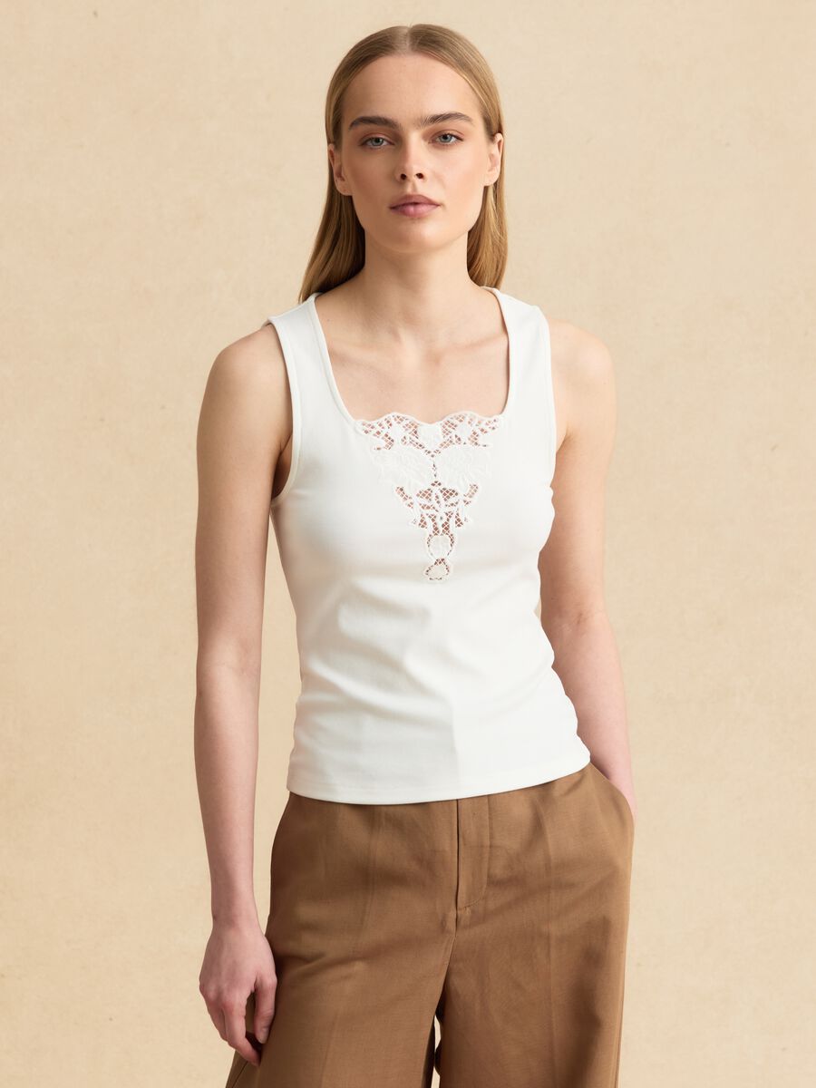 White stretch viscose tank top with embroidered detail_0