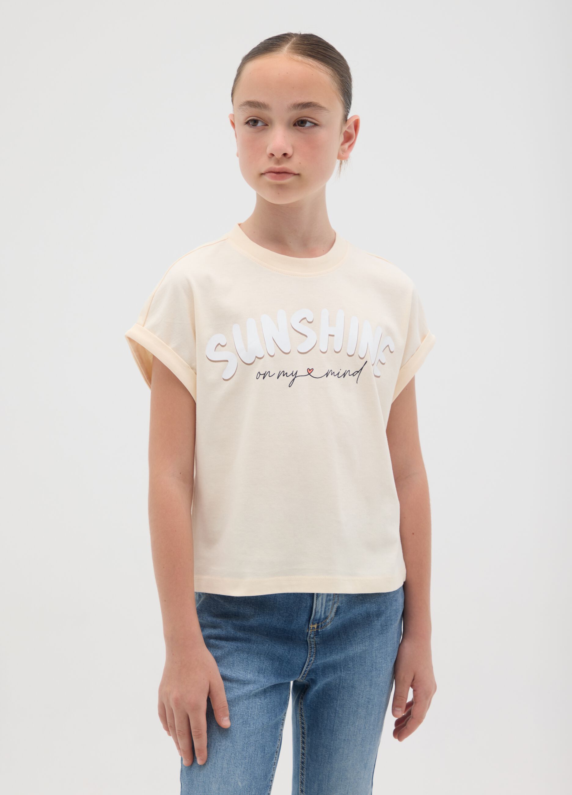 Girls' T-shirt in pure cotton beige boxy fit