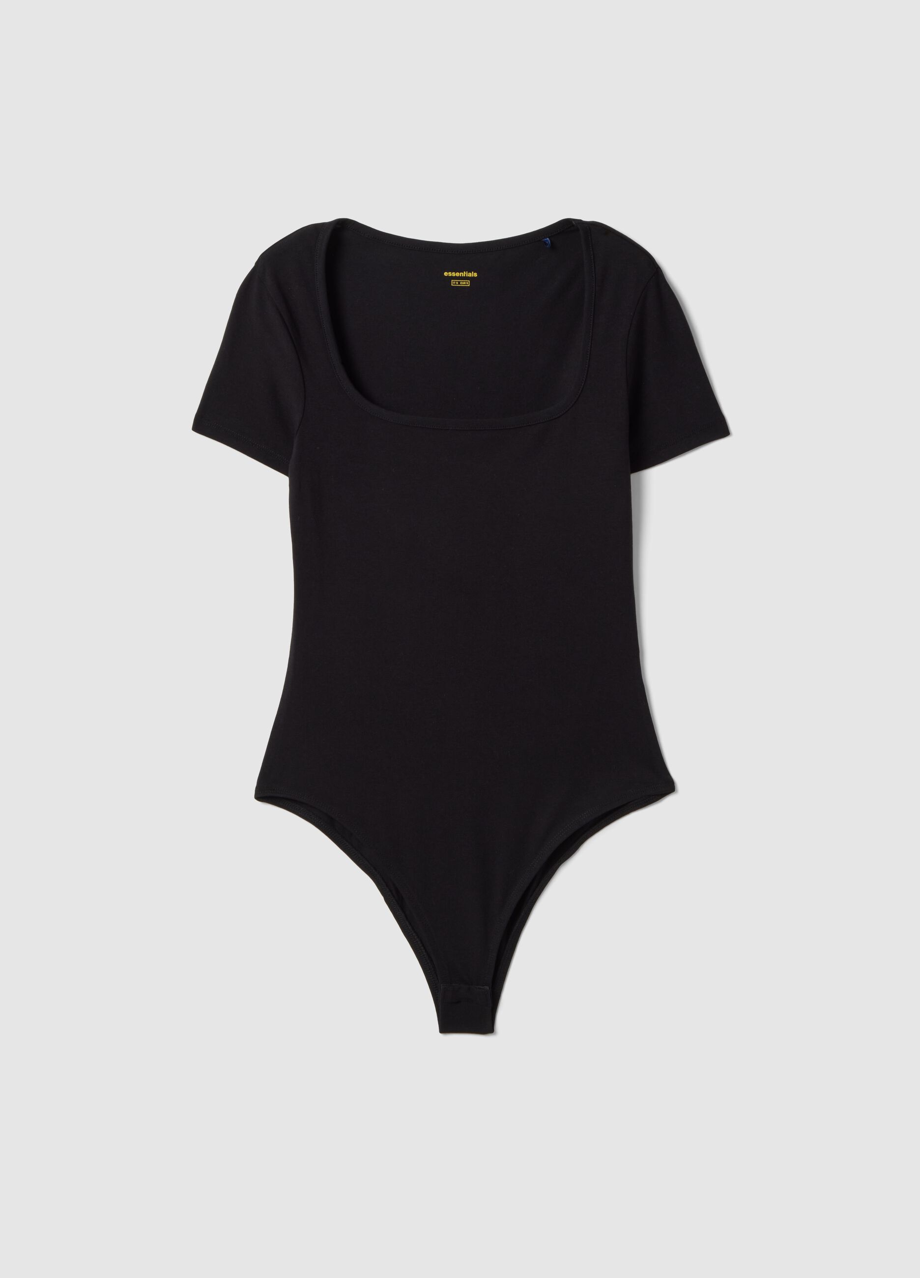 Regular fit black stretch cotton bodysuit with square neckline