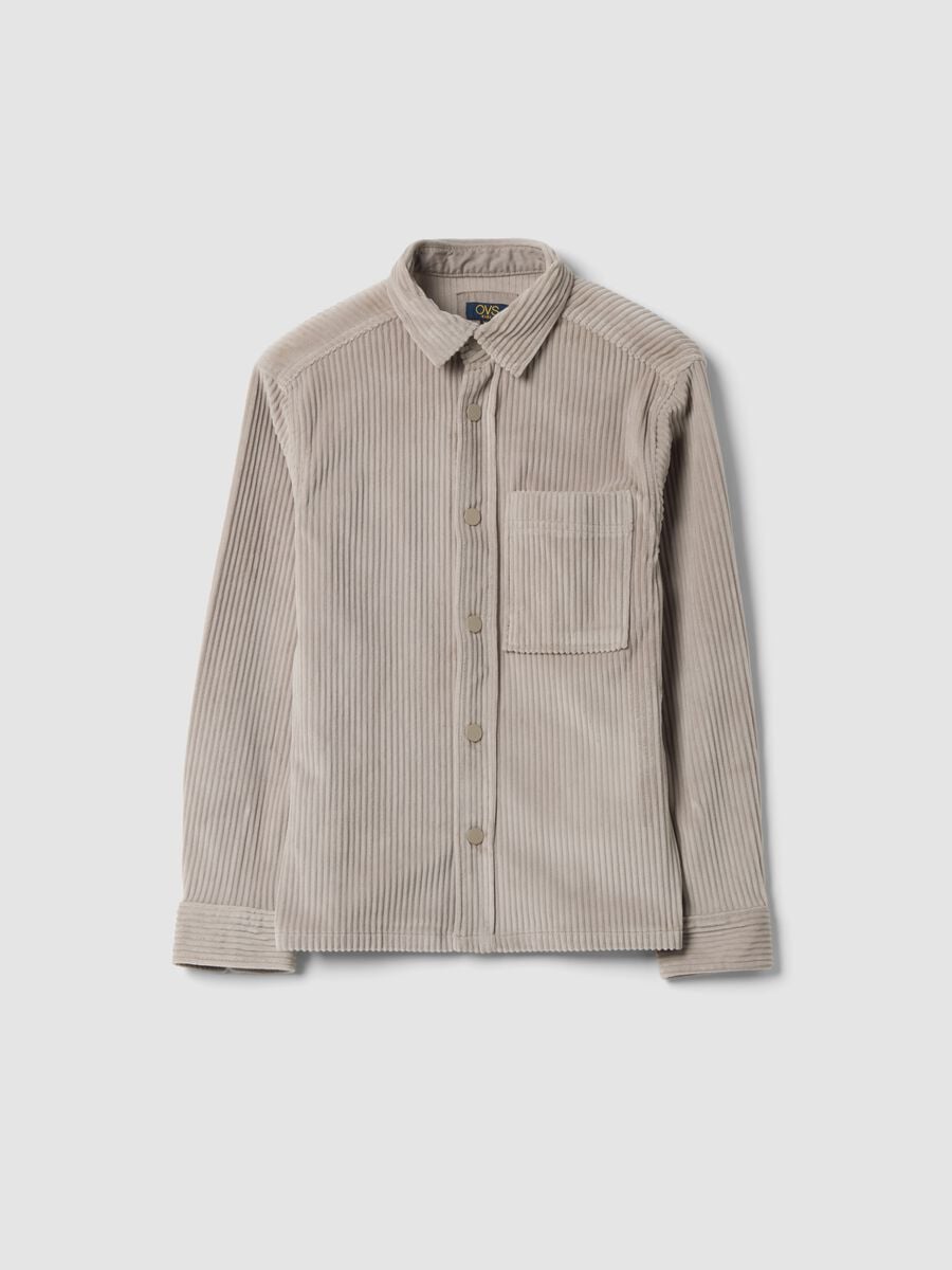 Beige ribbed shirt with classic collar_0