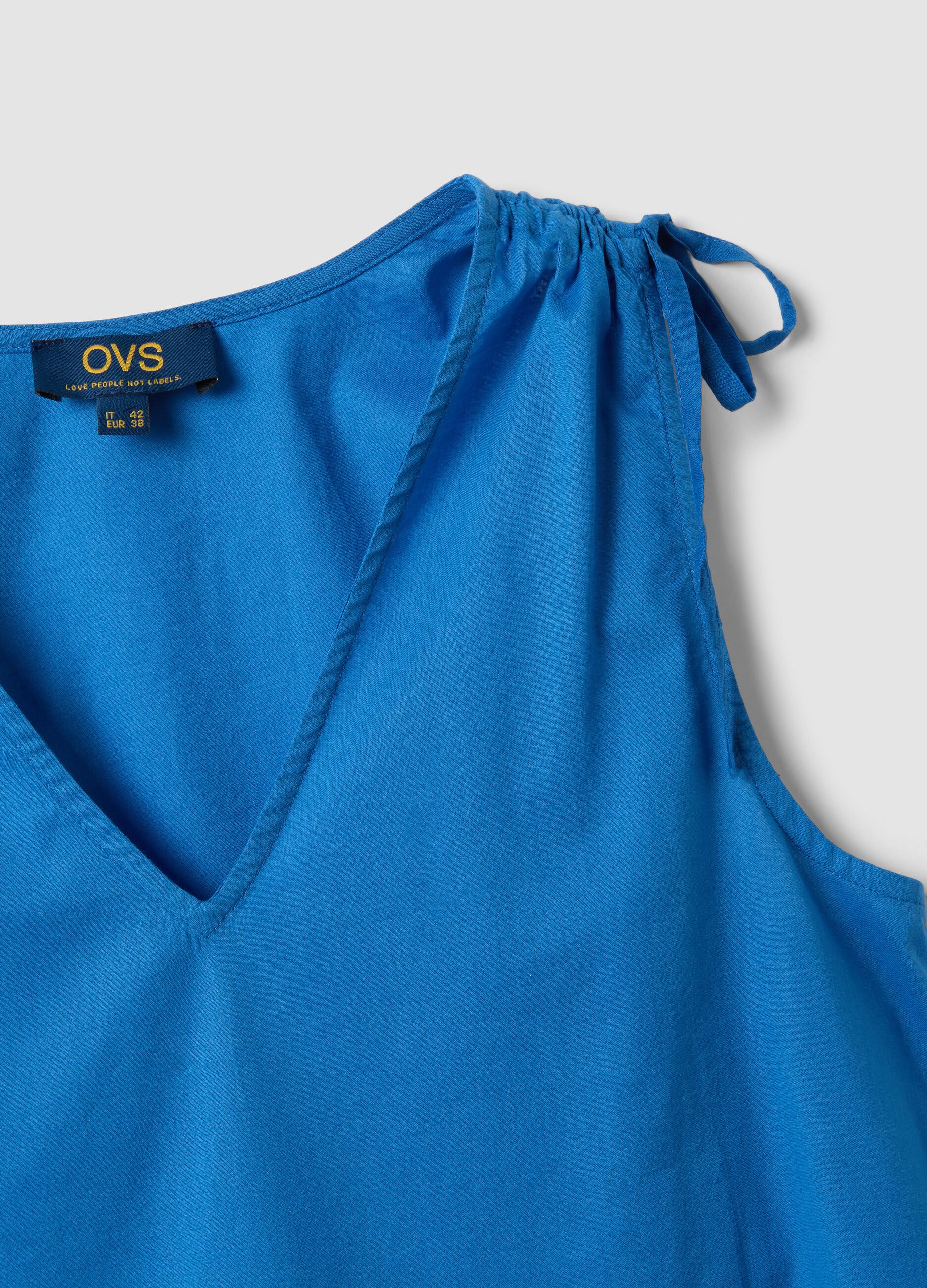 Blue pure cotton V-neck blouse