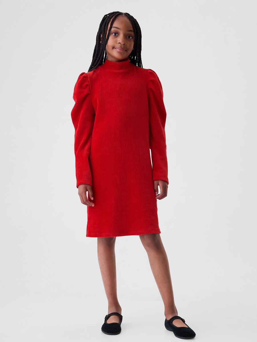 Corduroy dress with puff sleeves_0