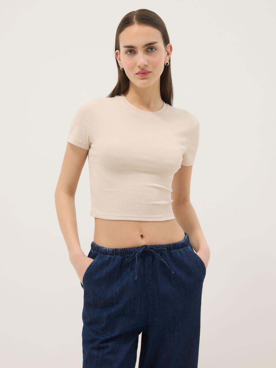 Beige ribbed fitted stretch-cotton T-shirt_1