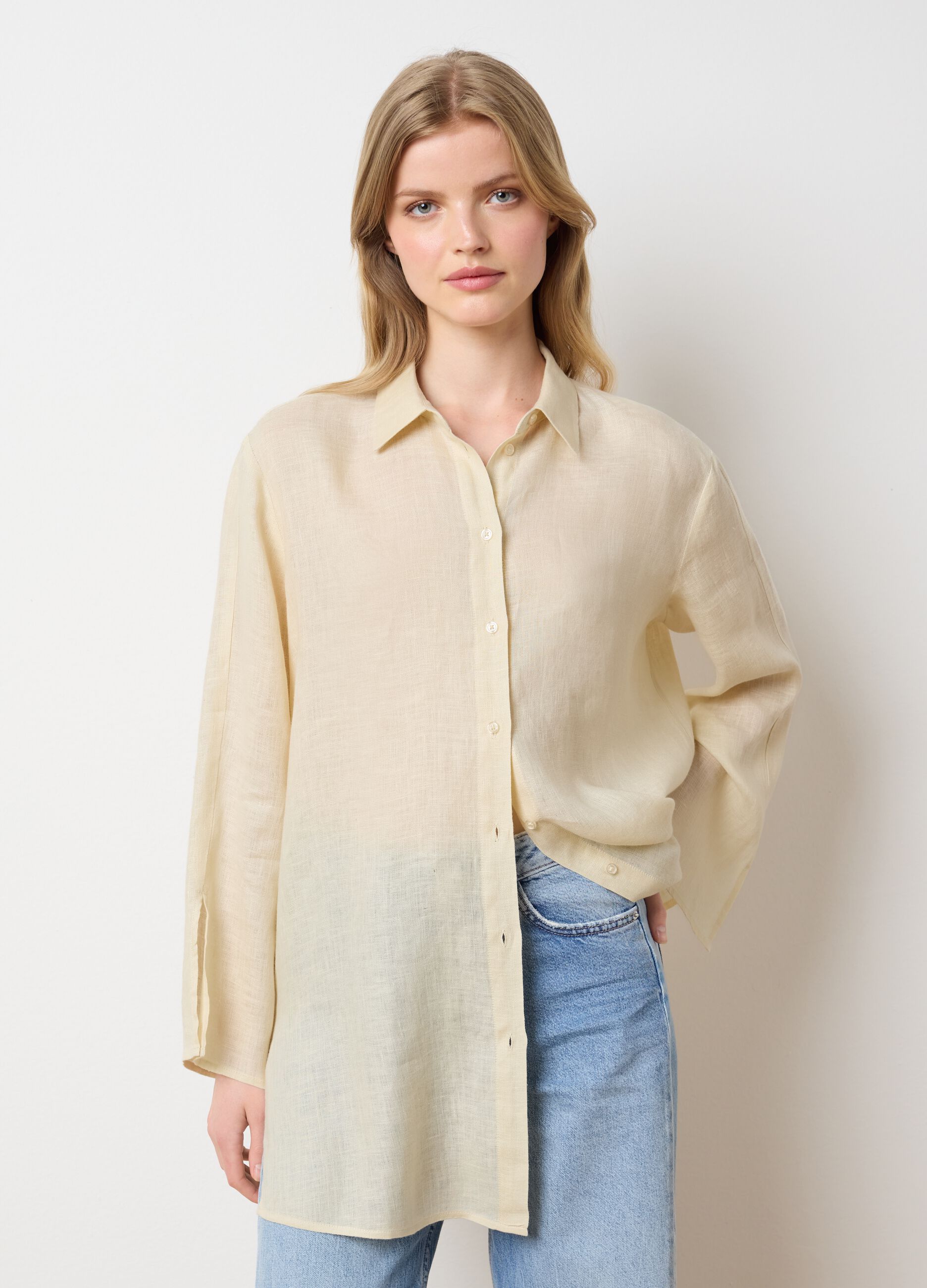 Women's long beige pure linen shirt - oversized