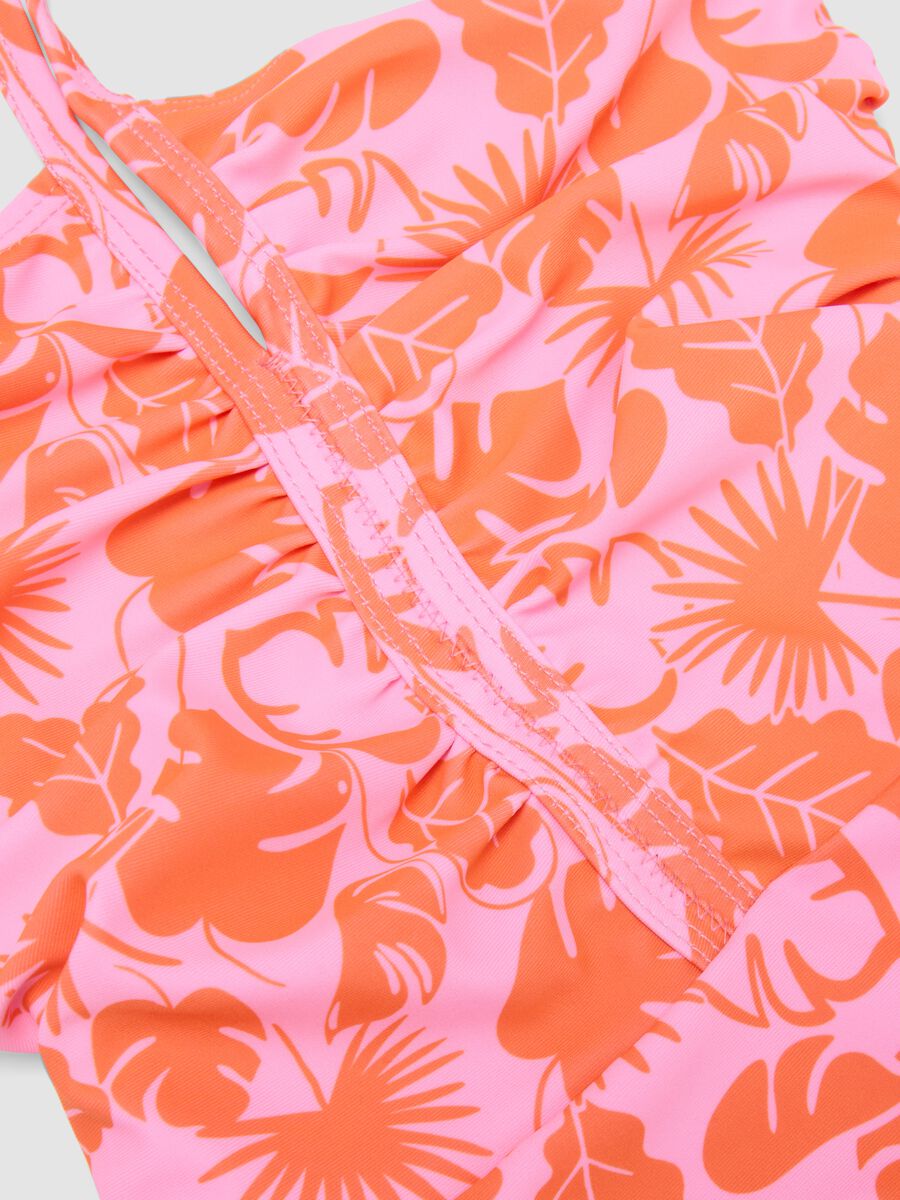 Costume intero rosa in tessuto elasticizzato con stampa tropicale per bambina_2