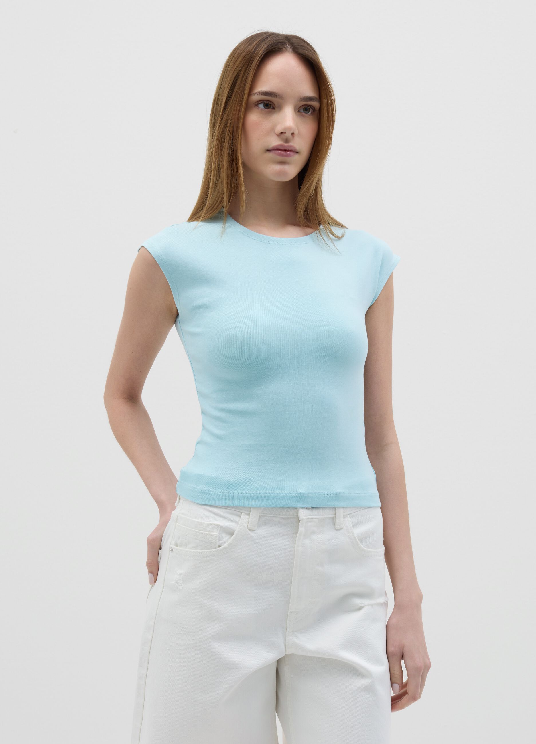 Women's light blue fitted vest top in stretch cotton