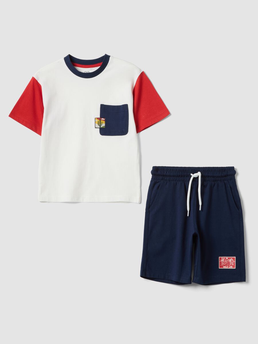 White and blue pure cotton set with T-shirt and shorts_0