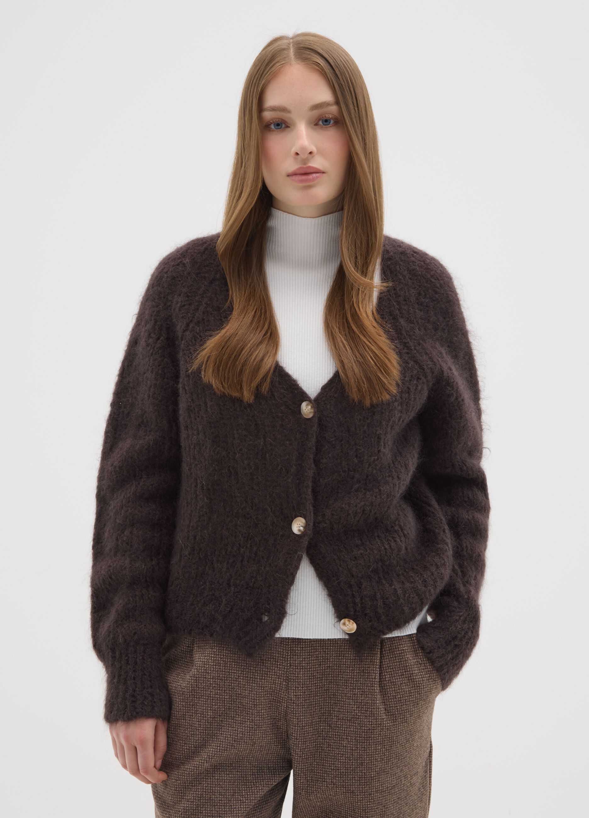 Brown V-neck cardigan in mohair and wool regular fit