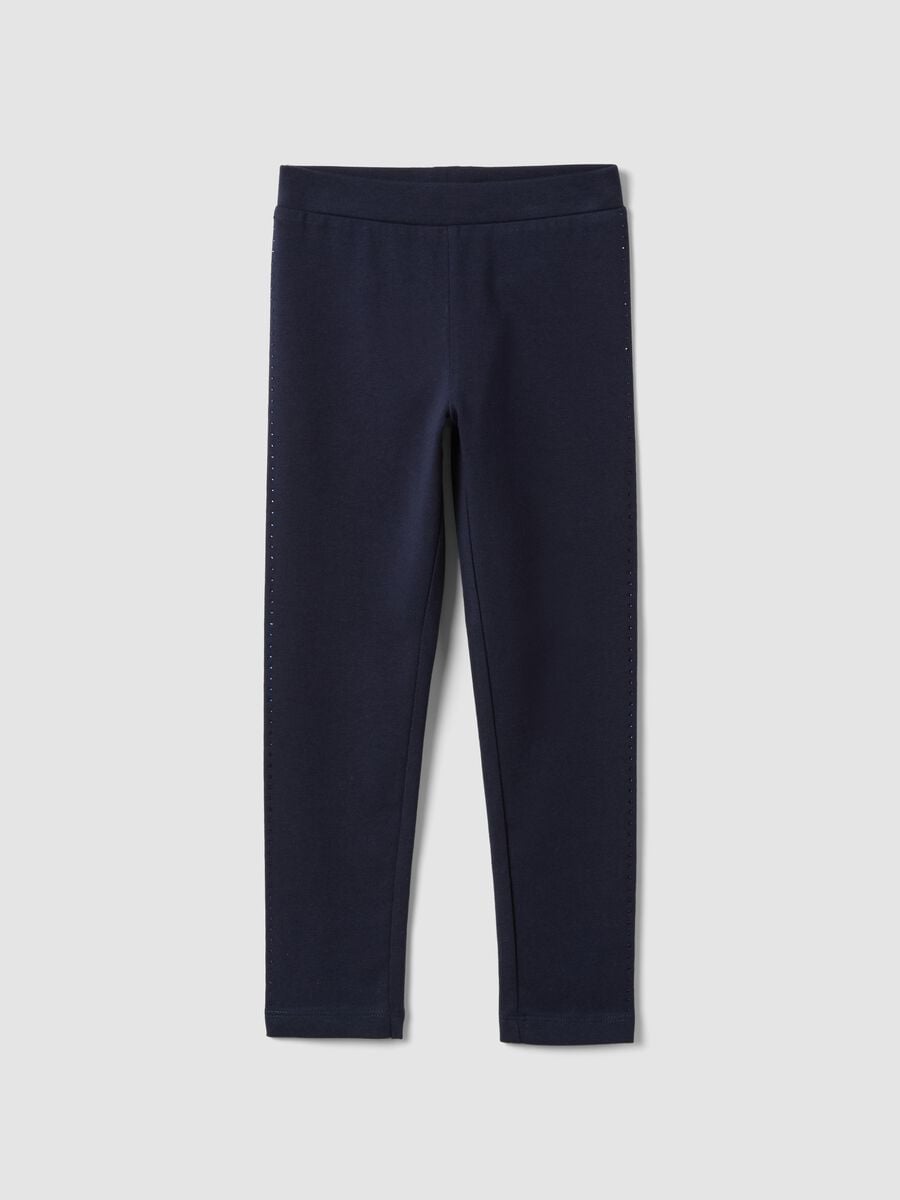Leggings blu in cotone organico elasticizzato con strass per bambina_0