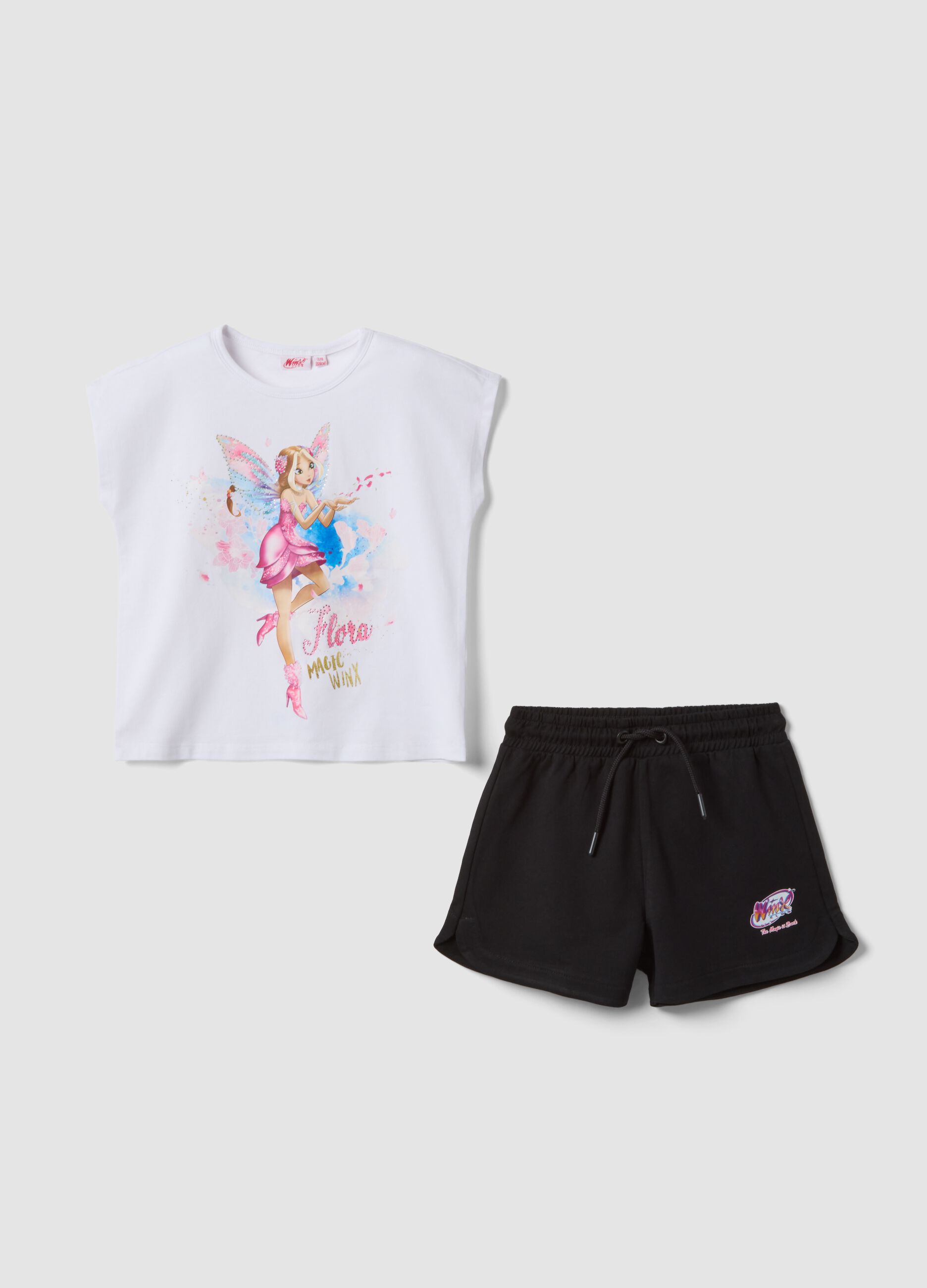 Completo bianco e nero in cotone elasticizzato con t-shirt e shorts per bambina regular fit