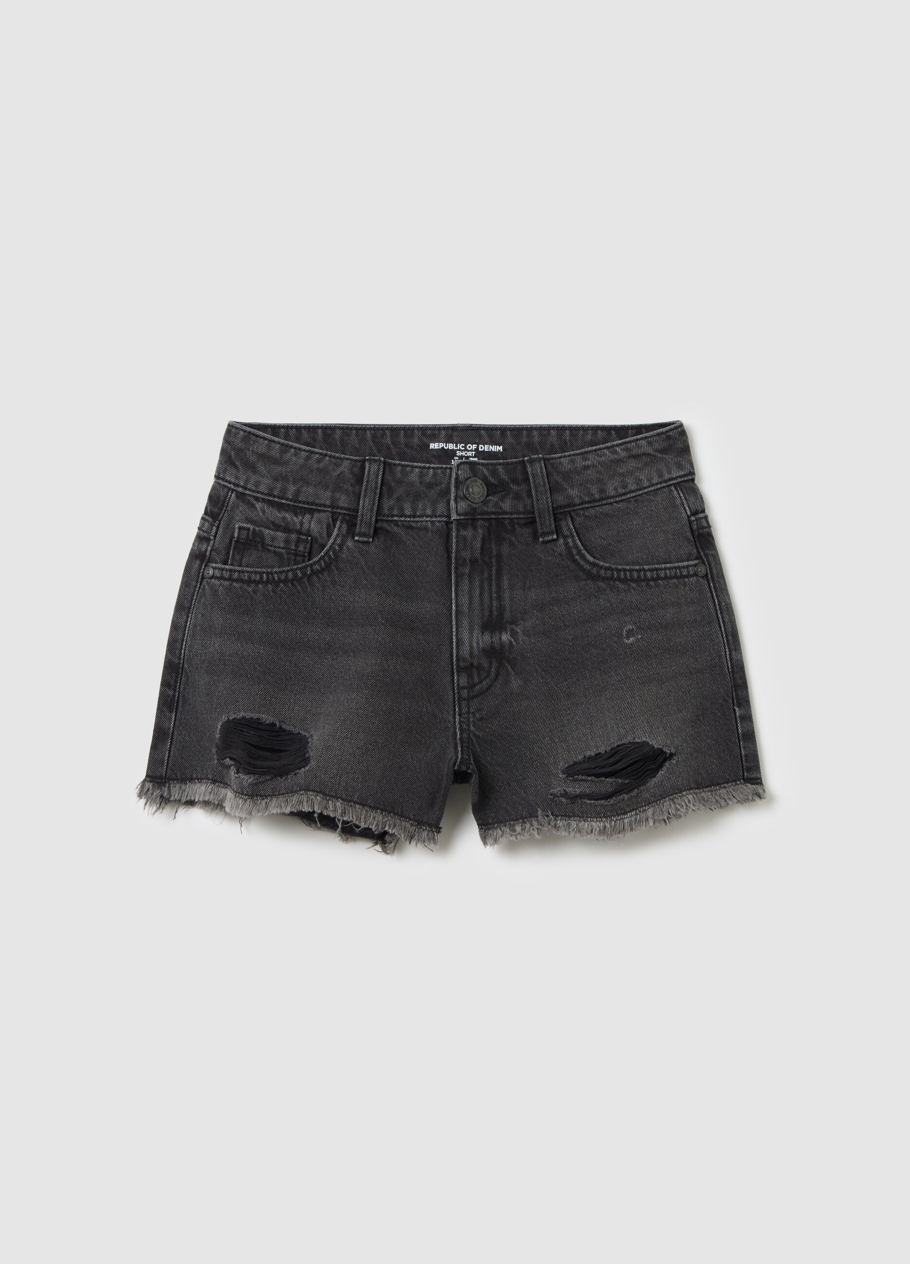 Black denim shorts with a ripped effect