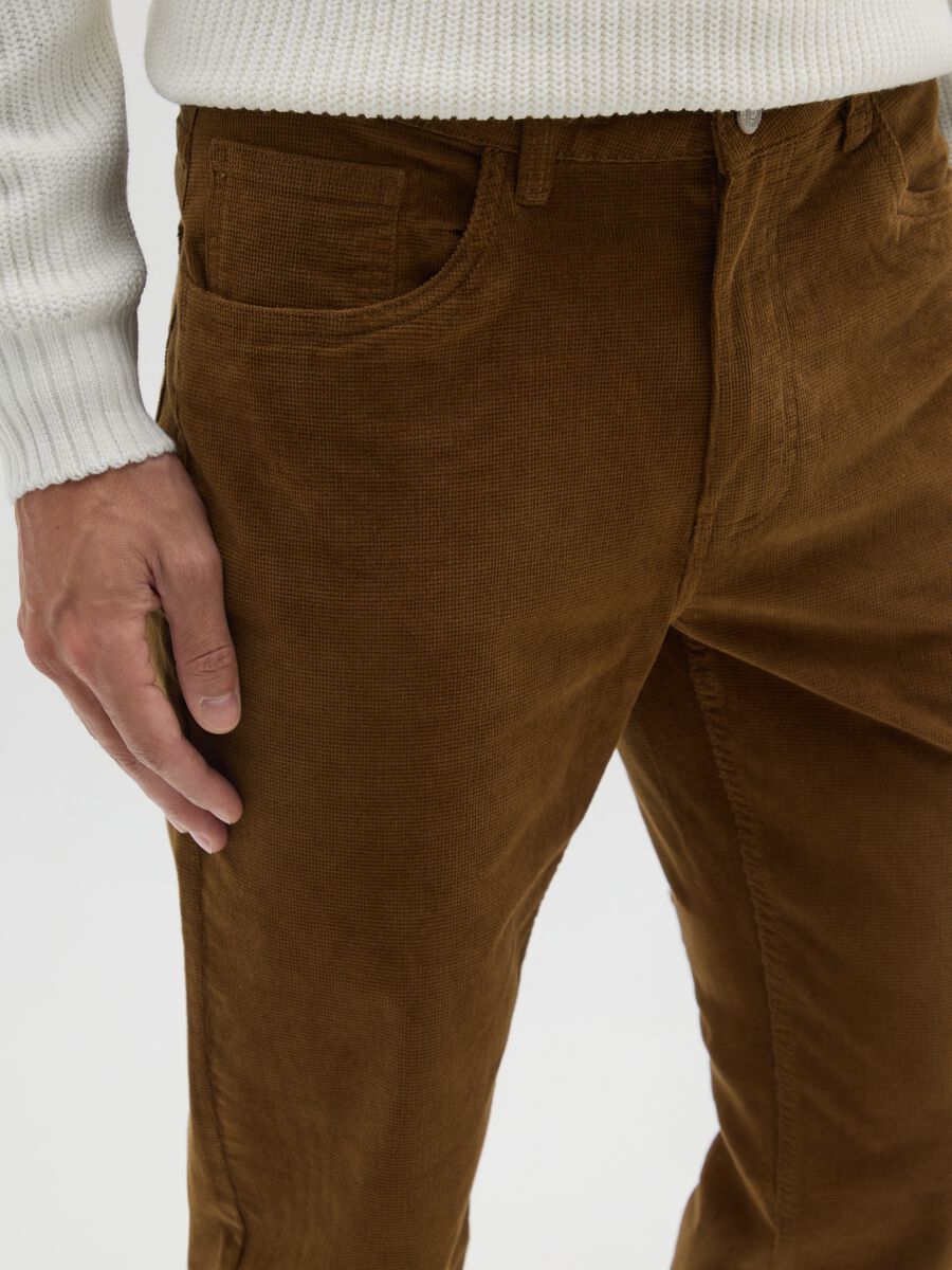 Brown stretch cotton and corduroy slim fit trousers_3