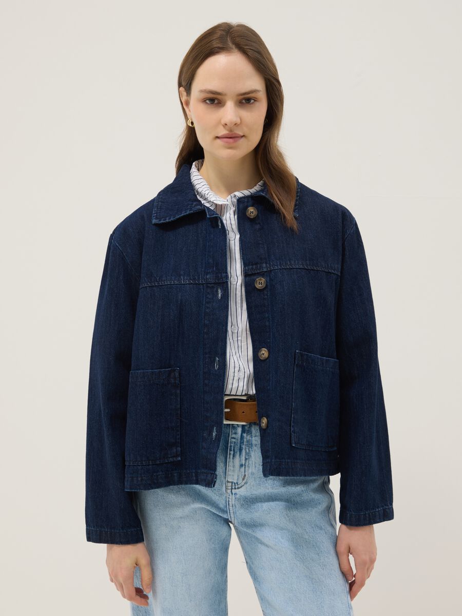 Giacca in puro cotone denim blu regular fit con tasche_0