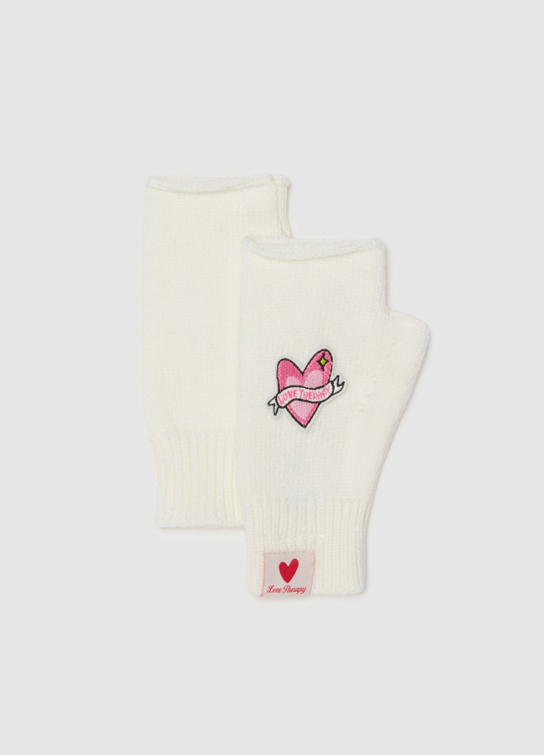 Girls' white fingerless gloves with Love Therapy patch