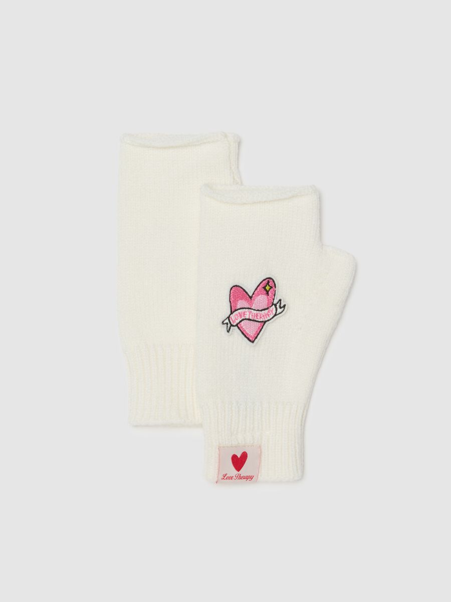 Girls' white fingerless gloves with Love Therapy patch_0