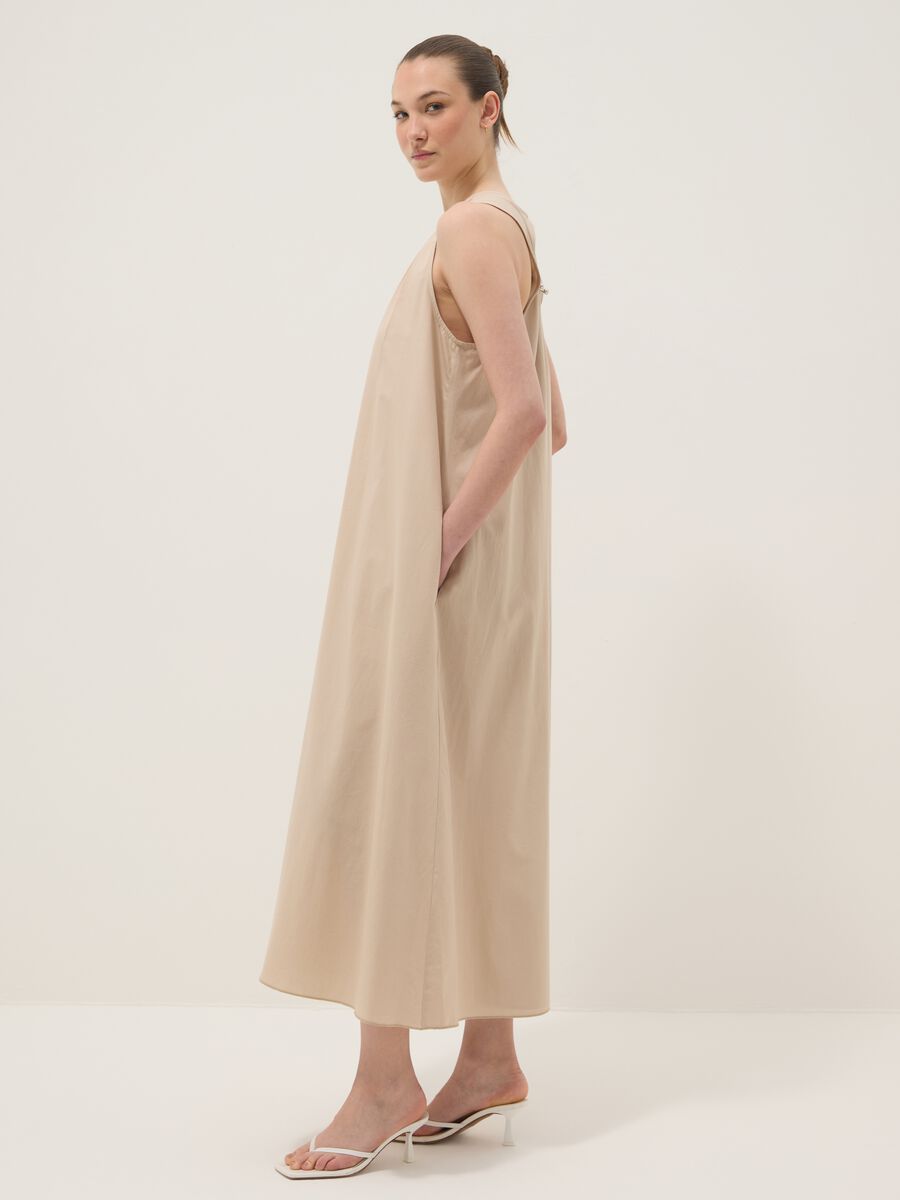 Beige midi dress in pure cotton with V-neck_0
