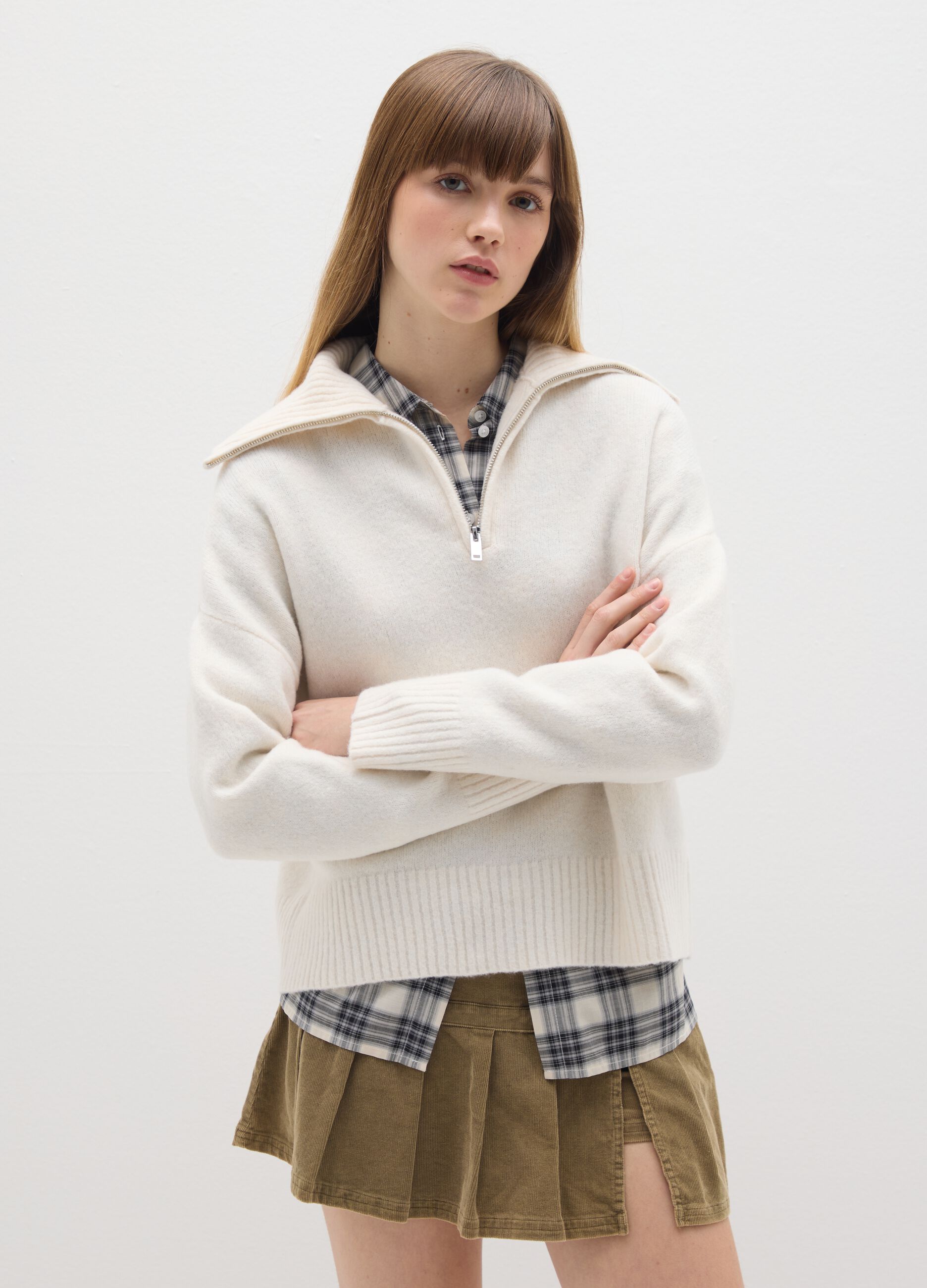 White Wool Blend Zip Pullover