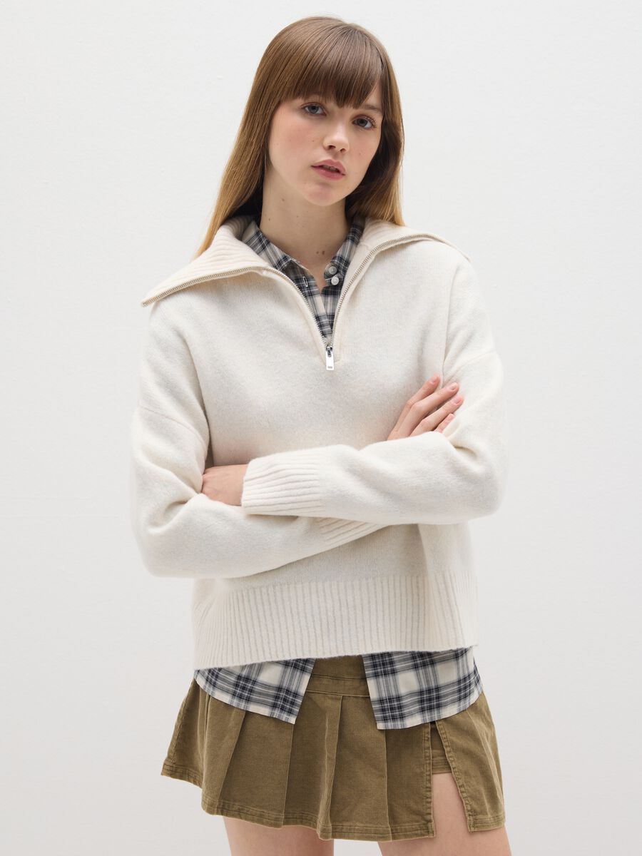 White Wool Blend Zip Pullover_0