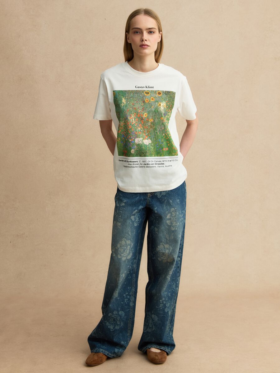 White regular fit pure cotton T-shirt with Klimt print_1
