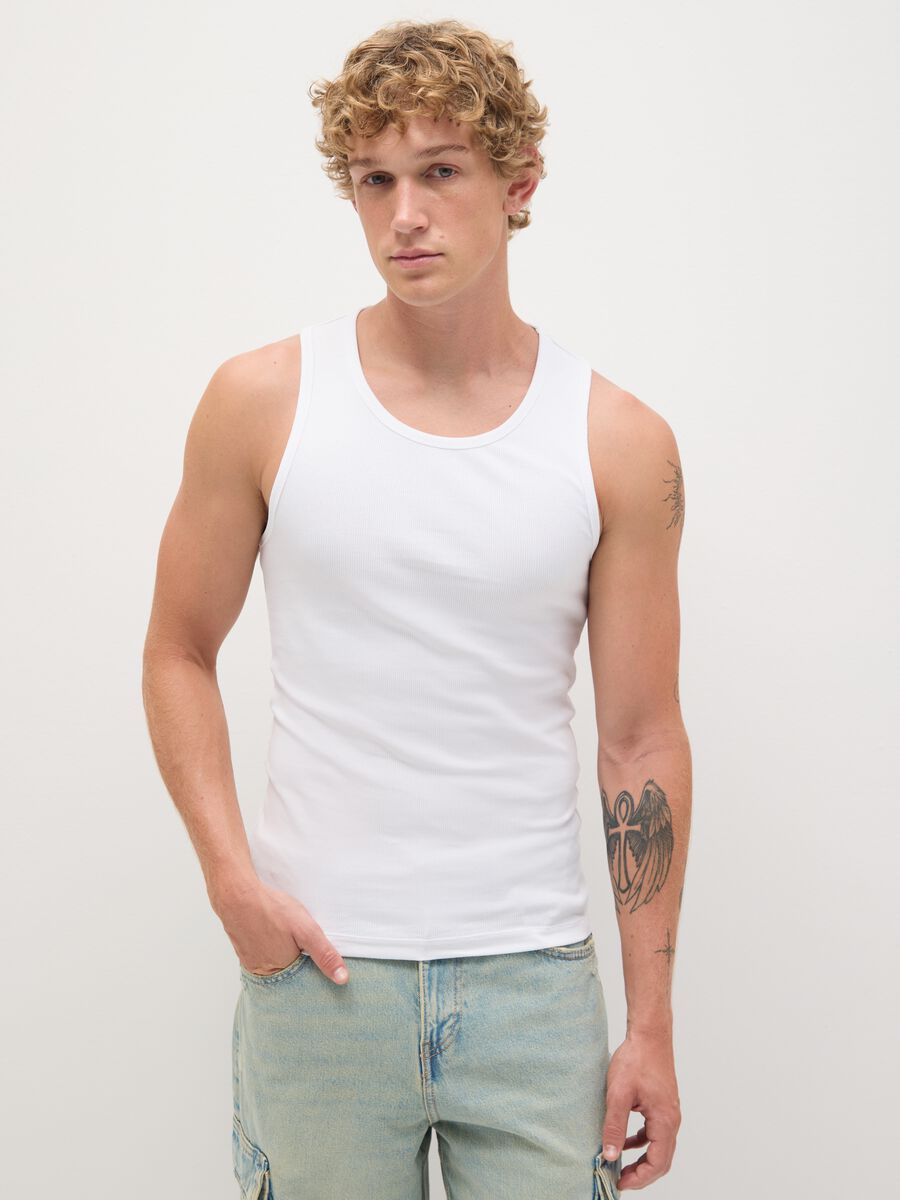 Men's white fitted stretch cotton vest_0