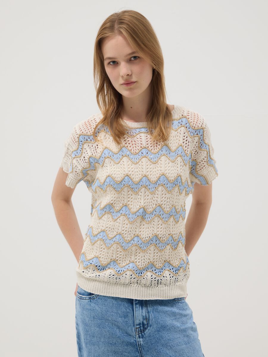 Beige stretch cotton T-shirt with openwork detailing_2