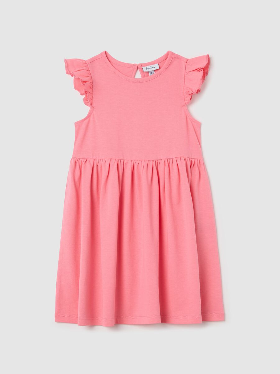 Abito da bambina in puro cotone rosa con maniche a balza_0
