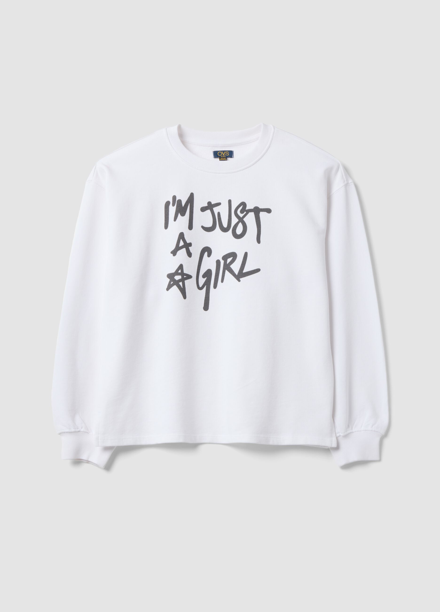 White pure cotton sweatshirt with front slogan, relaxed fit for girls