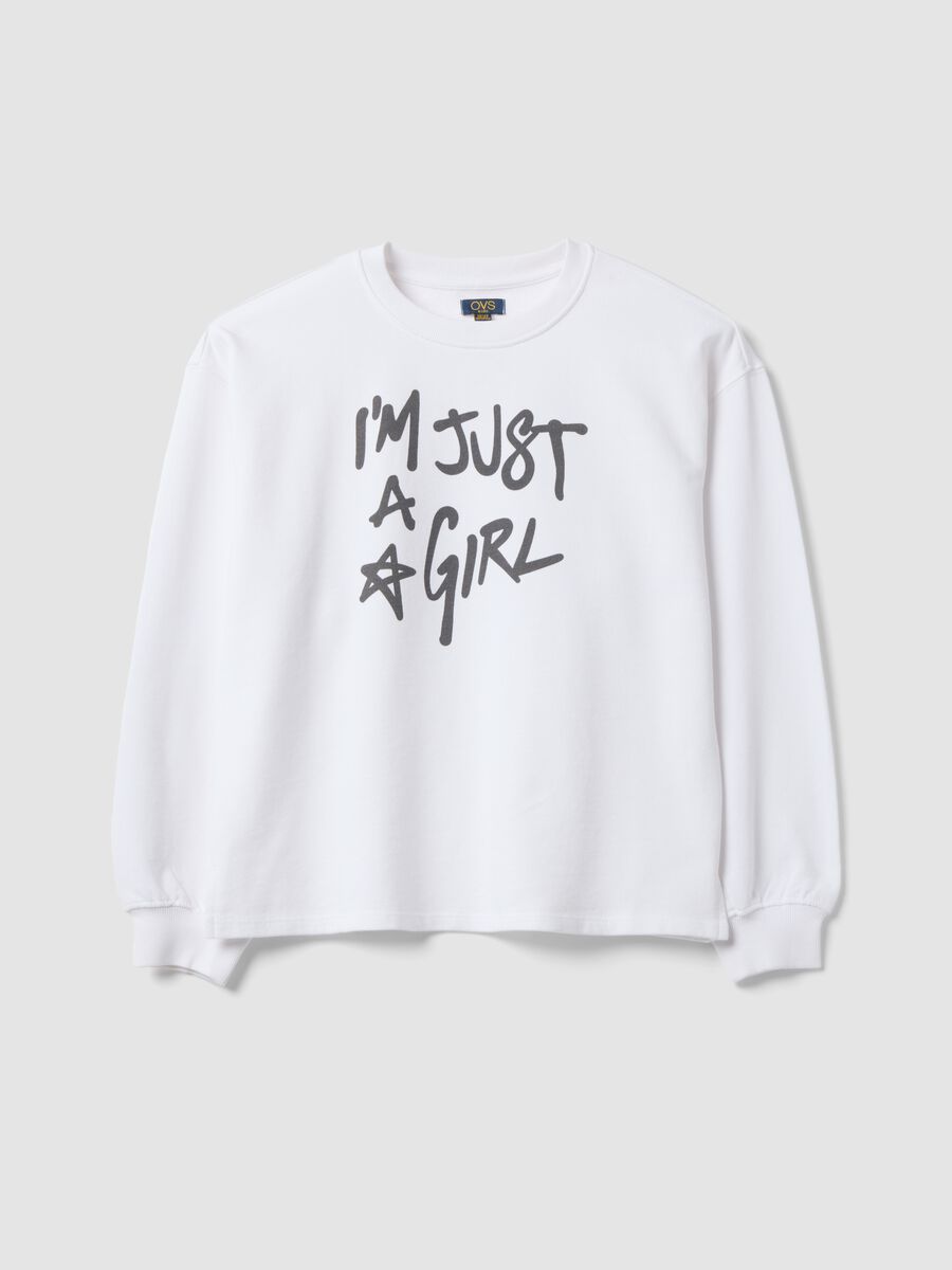 Felpa bianca in puro cotone con scritta frontale relaxed fit per ragazza_3