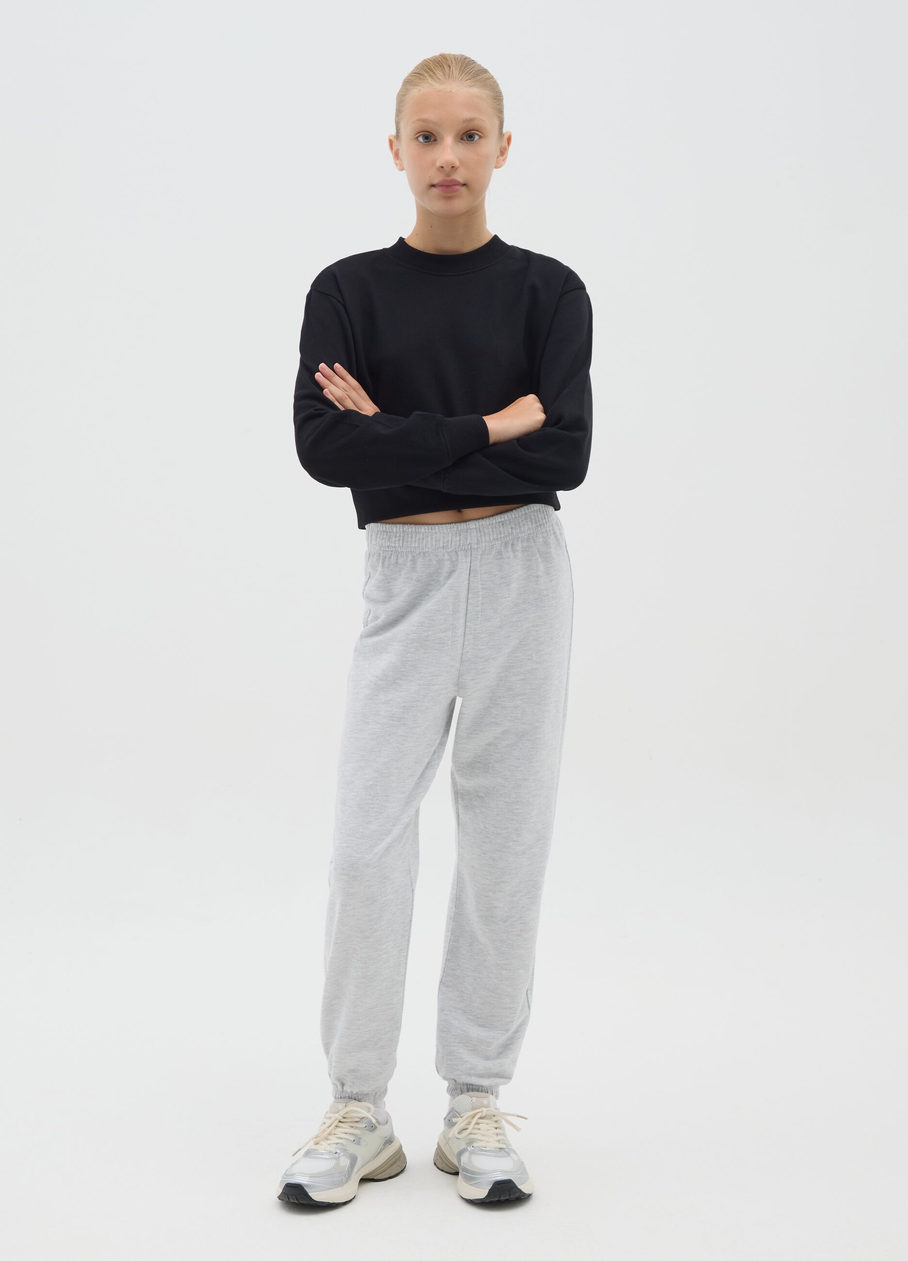 Girls' regular fit grey cotton jogger trousers