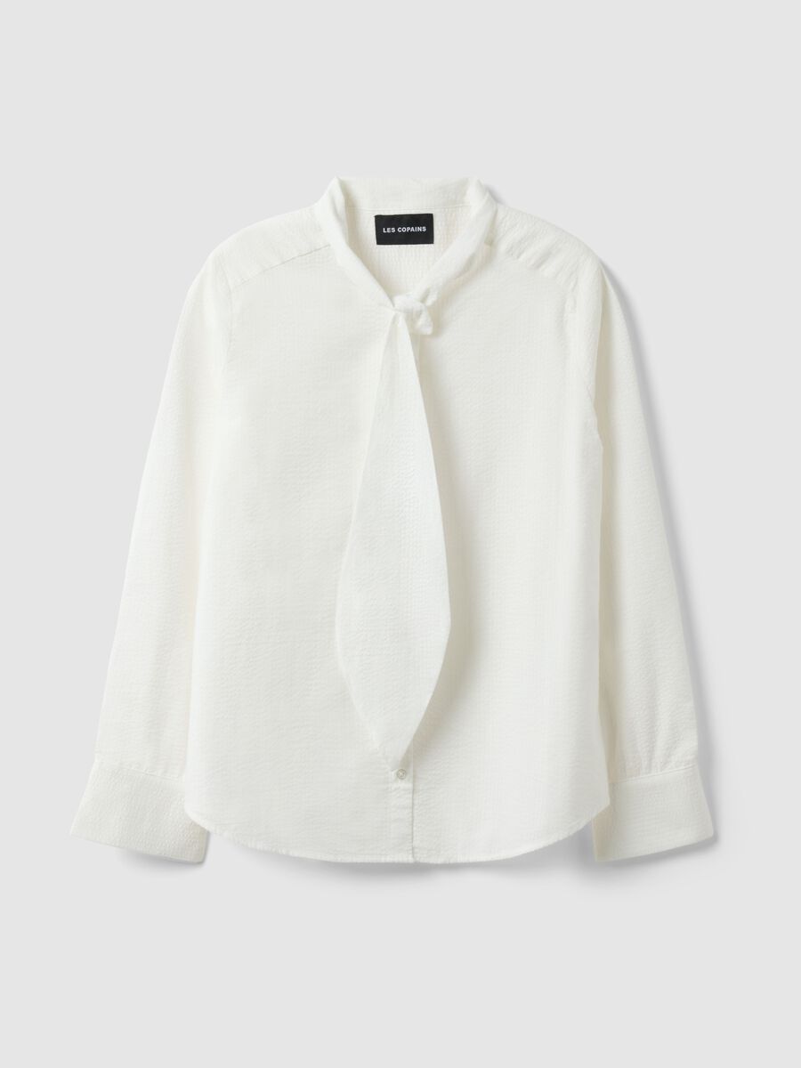 White pure cotton regular fit shirt with bow collar_0