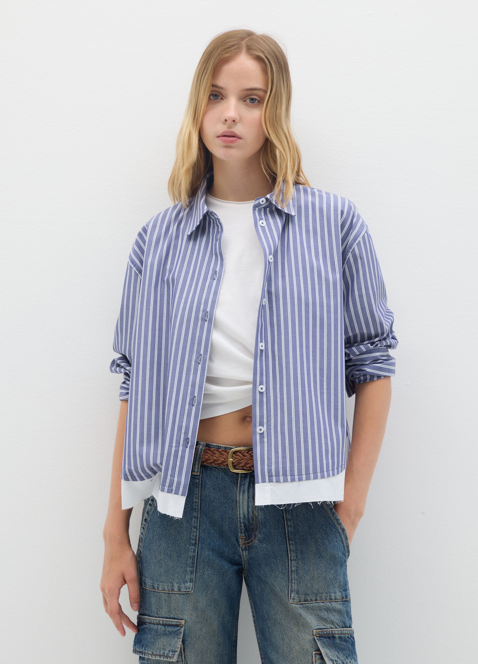 Blue and white striped shirt in pure cotton
