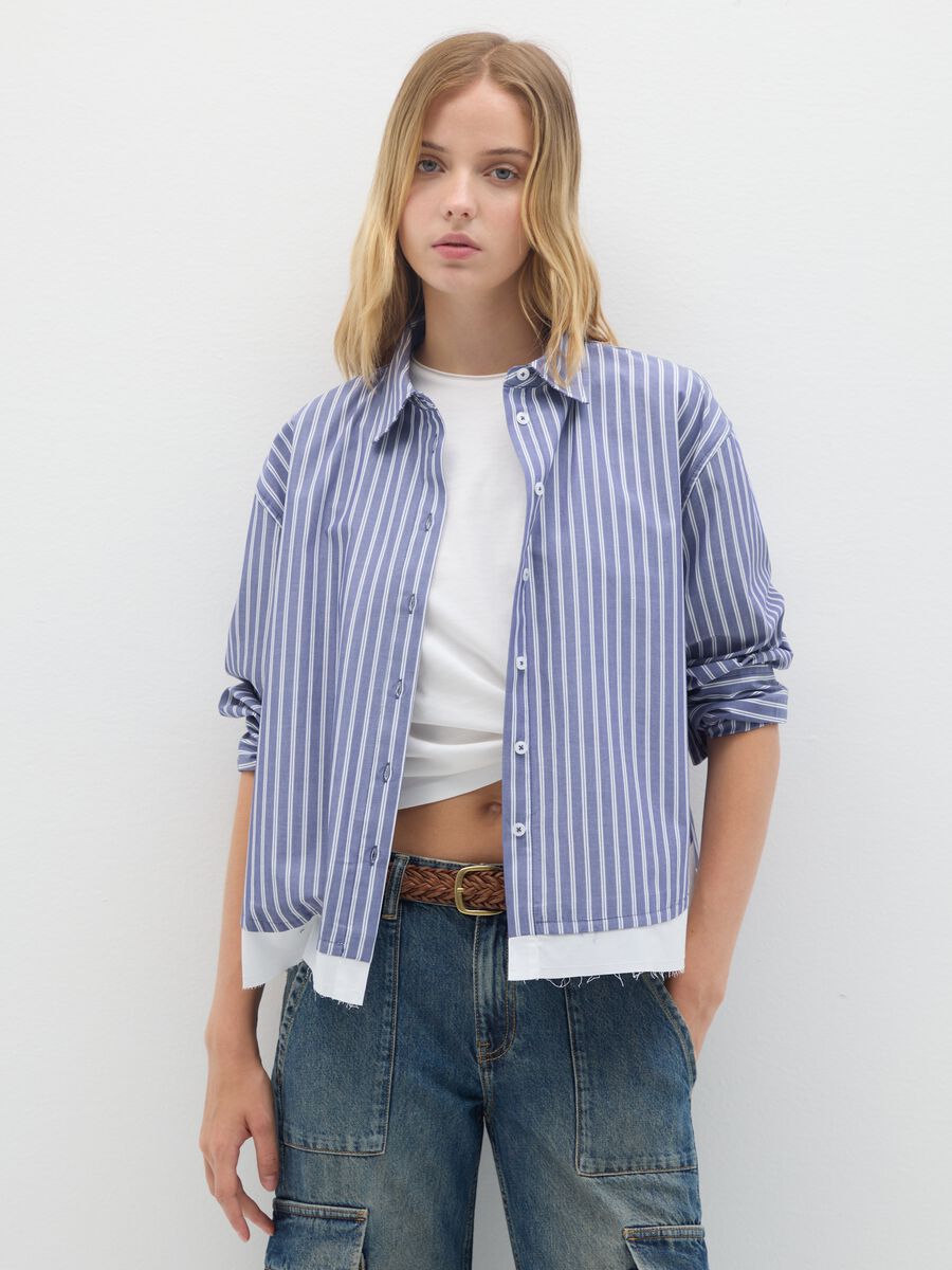 Blue and white striped shirt in pure cotton_0